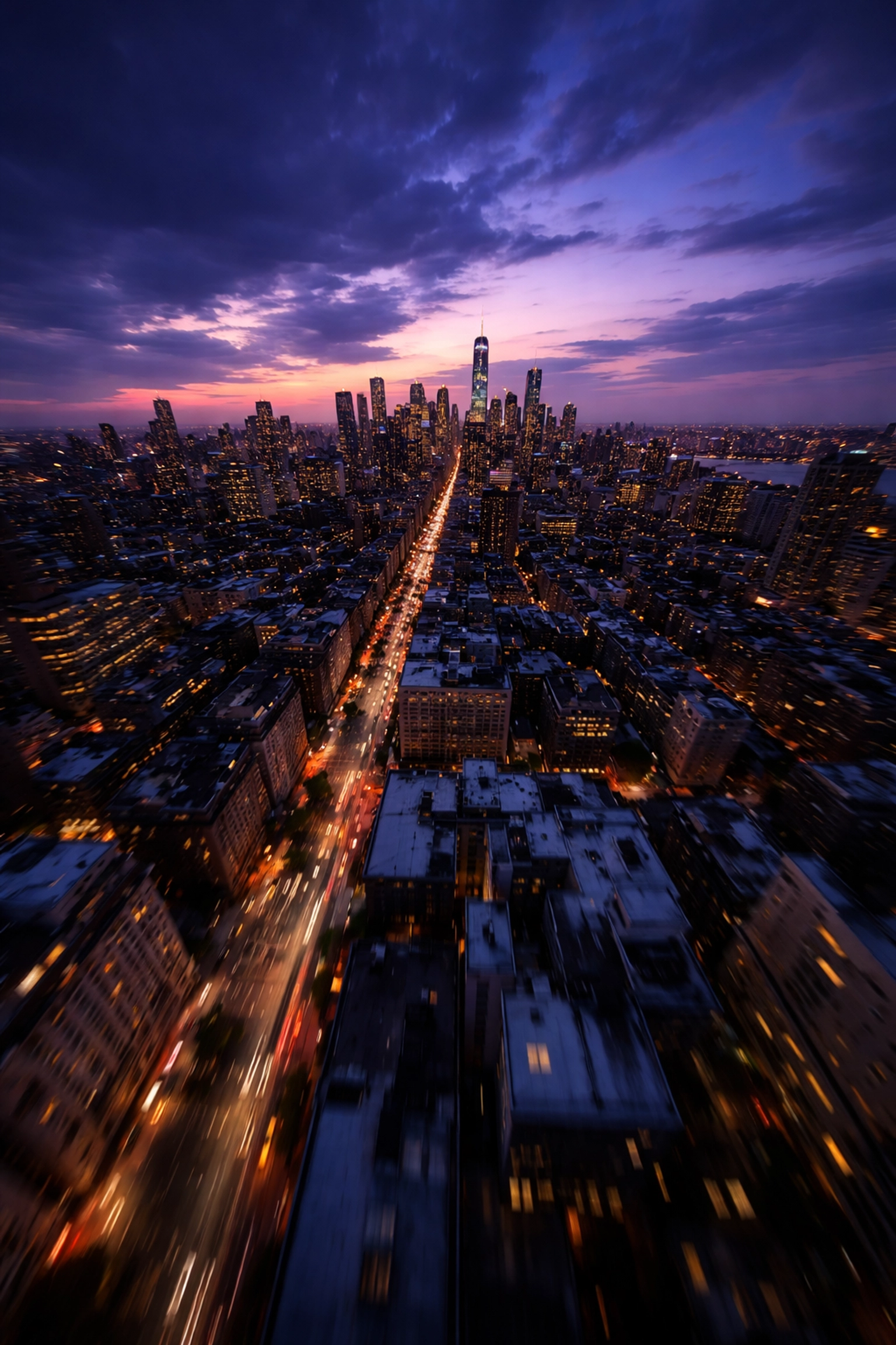 FPV drone aerial view of a city at blue hour, showcasing low-light cinematography techniques and colorful sky gradients.