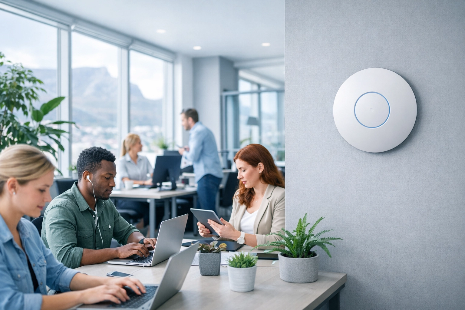 Professional Wi-Fi access point mounted in a modern office to optimize network speed and connectivity.