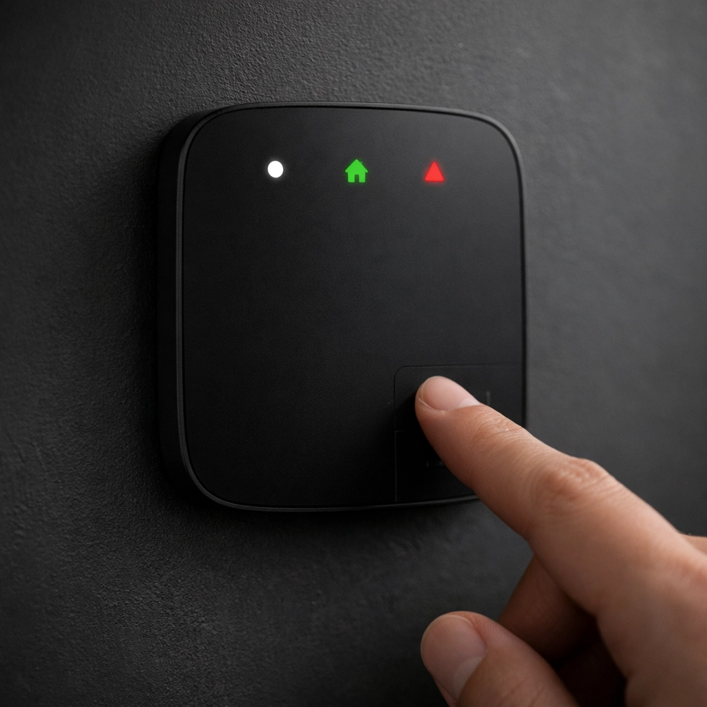 Arming a bespoke black smart home security alarm keypad in an Oxford residence.