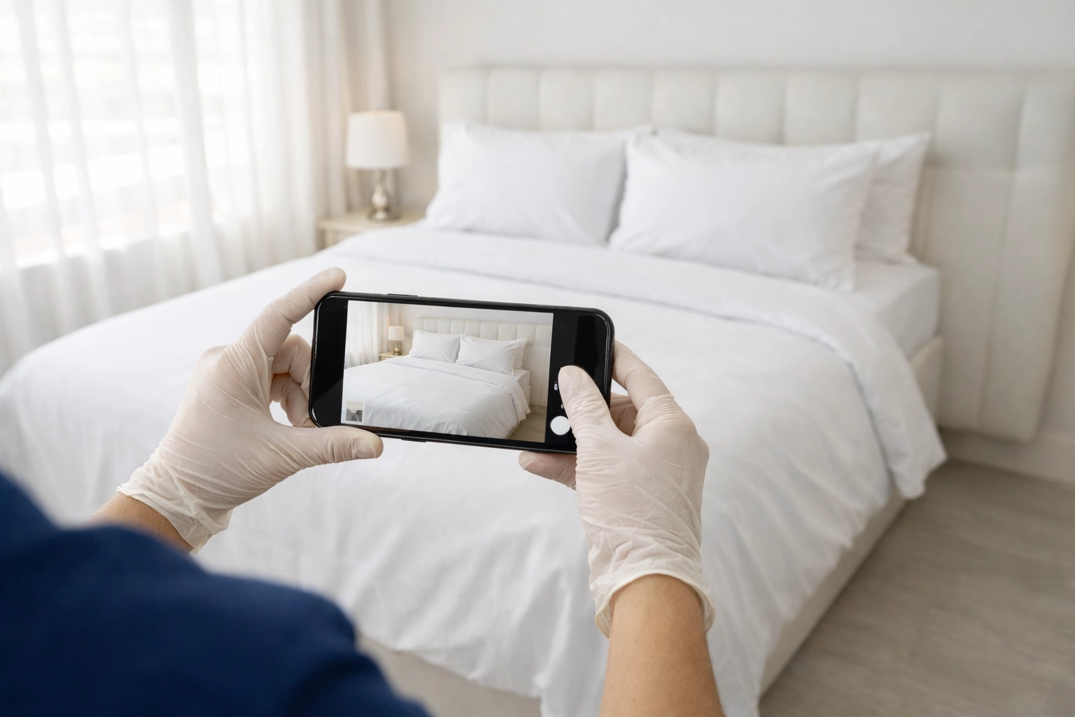 MaidHop Pro photographing freshly made bed during property turnover cleaning service