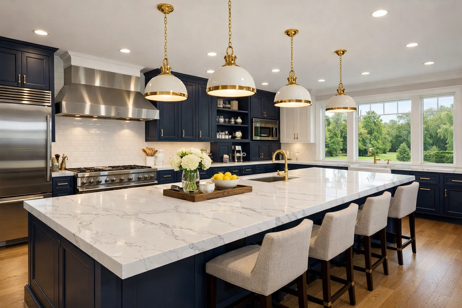 Luxury Dover kitchen with marble island after expert residential cleaning Massachusetts.