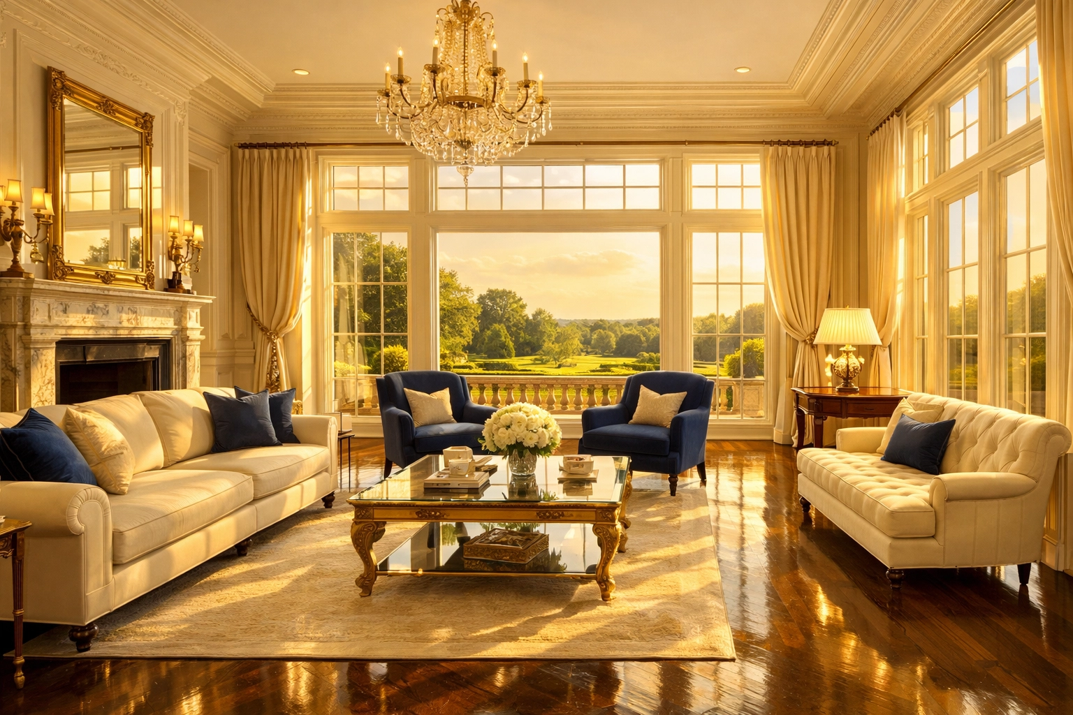 Immaculate formal living room in a Weston mansion highlighting Luxury House Cleaning Weston MA standards.