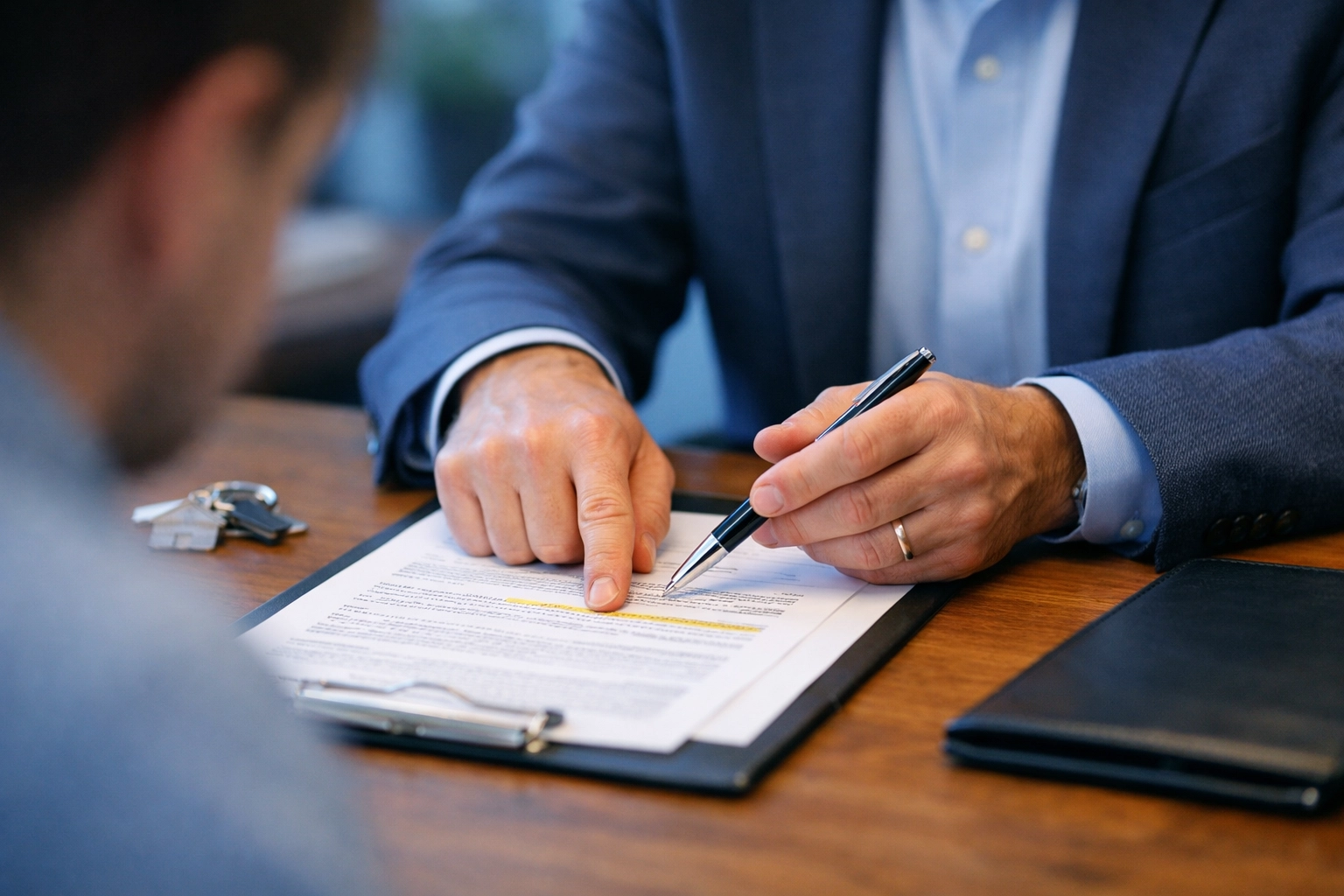 Title officer reviewing legal documents with client during Florida real estate closing