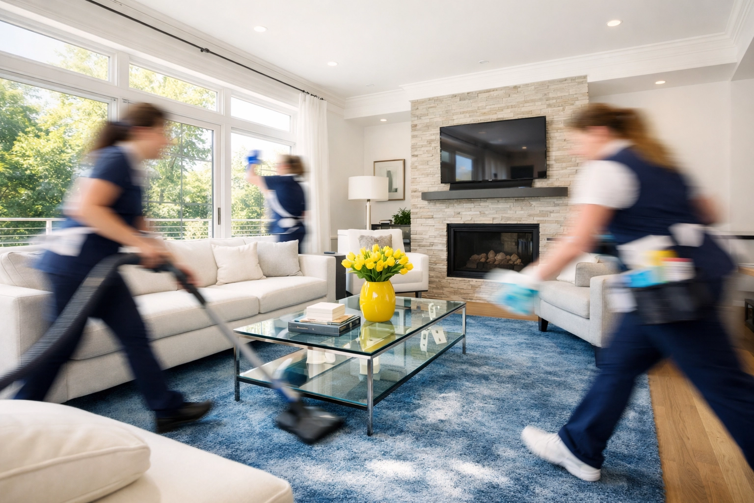 Professional cleaning team providing fast recurring house cleaning in a bright Westborough living room.