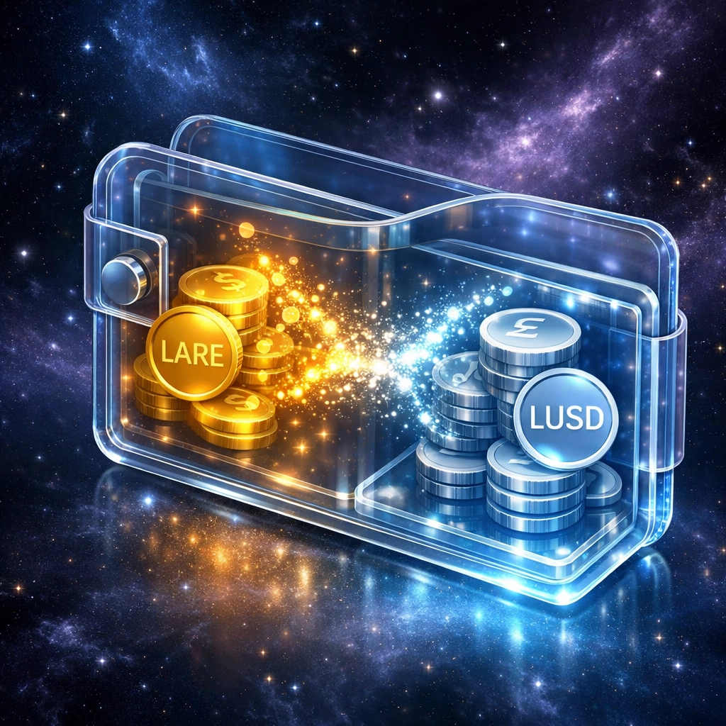 Digital wallet converting LARE tokens to LUSD stablecoin for instant merchant payment settlement