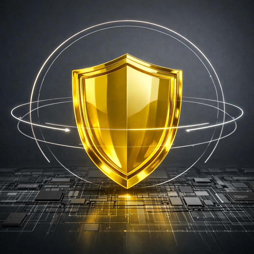 Glowing yellow protective shield representing Amazon brand management and marketplace security.
