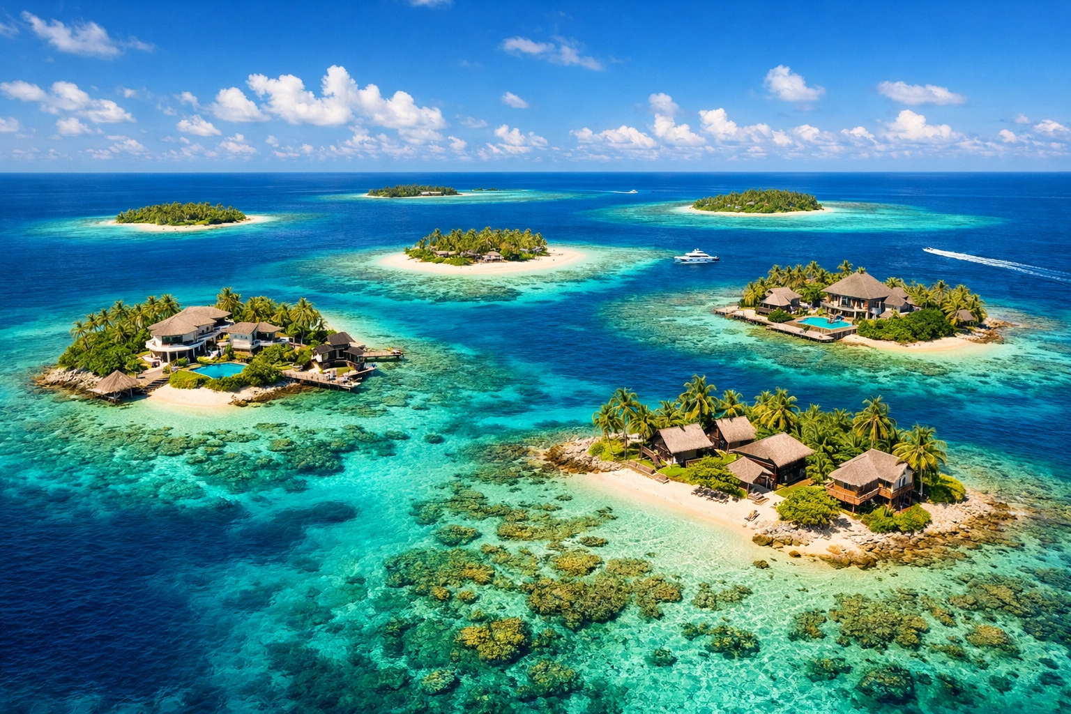 Multiple private islands in tropical archipelago showcasing diverse luxury vacation destinations