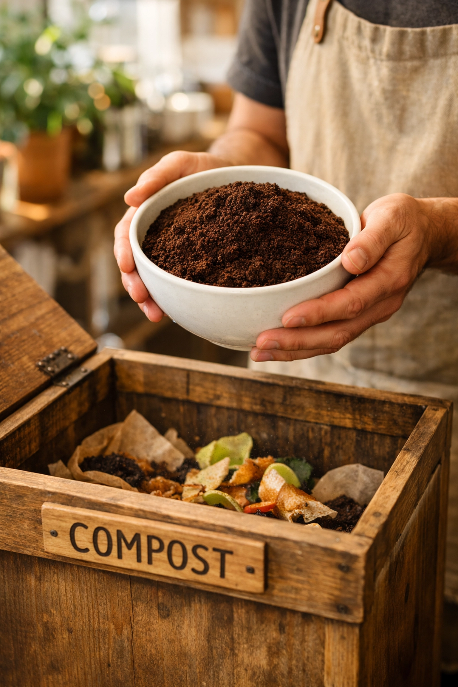 Barista composting used coffee grounds in café, demonstrating sustainable waste reduction