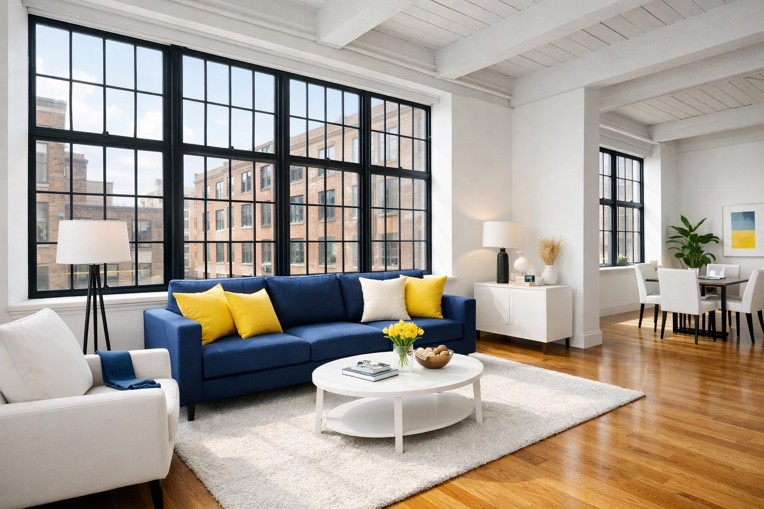 Modern Leominster MA apartment living room with spotless floors cleaned by professional cleaners.