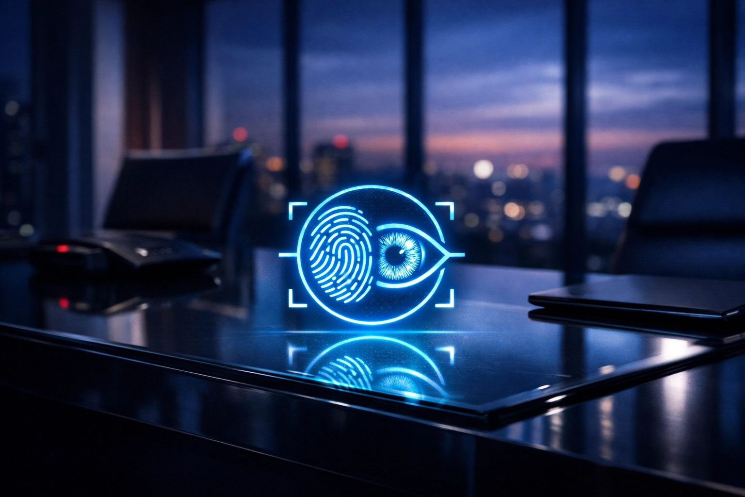 Biometric authentication icon on an executive boardroom desk representing identity-first cybersecurity for businesses.