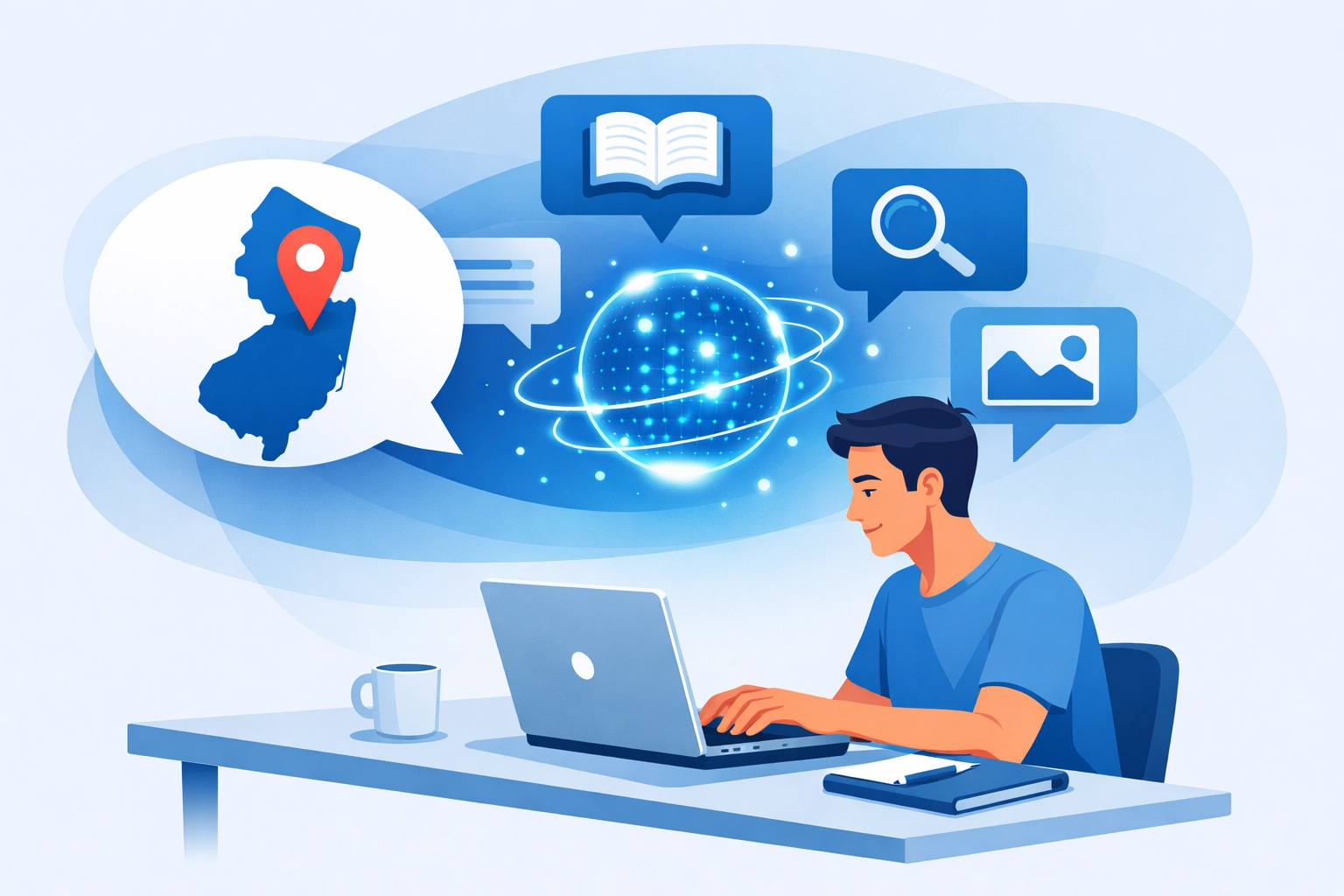 Illustration of AI search engine providing local Monmouth County New Jersey business answers.