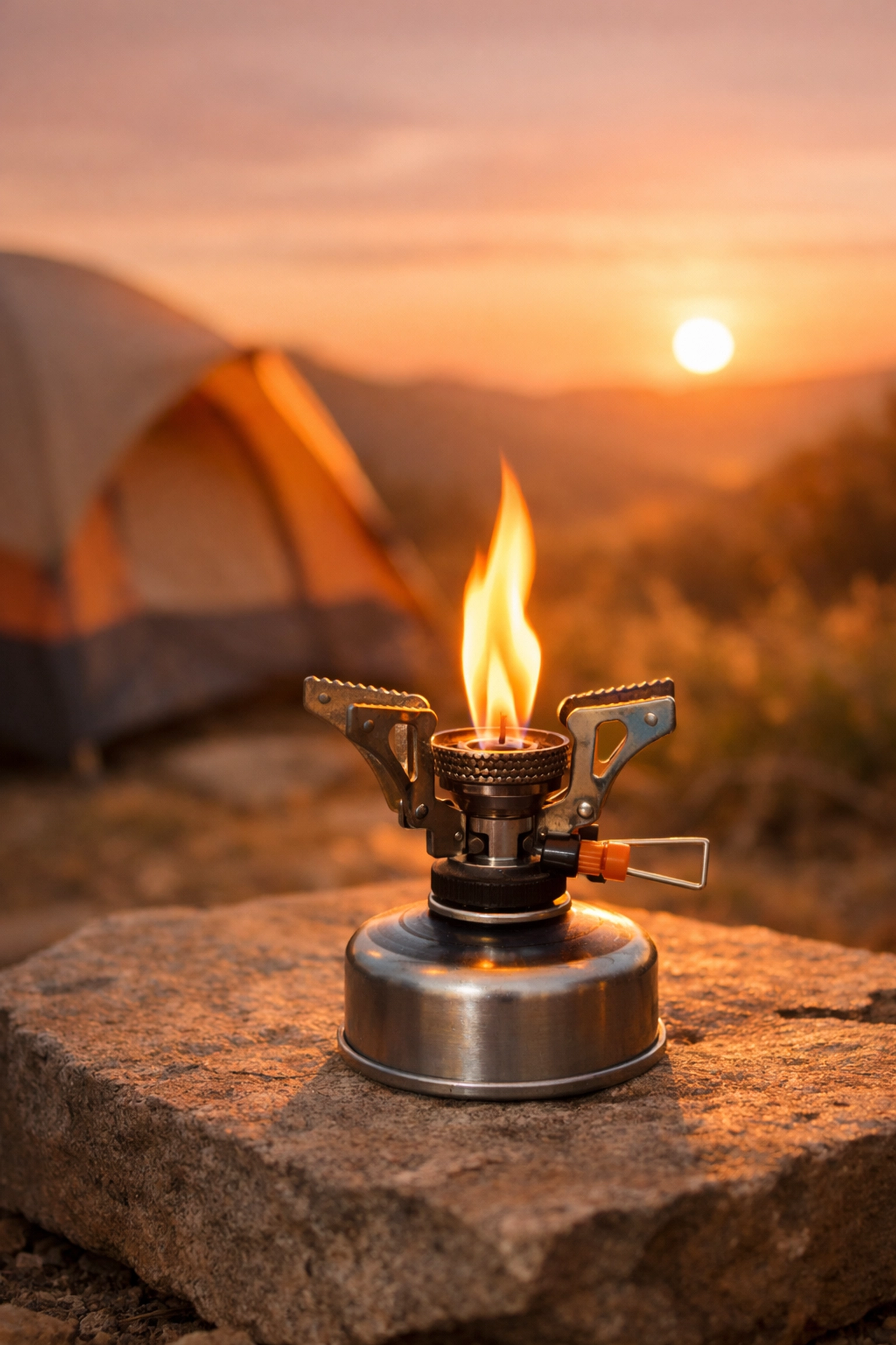 Camping stove with flame at sunset showing safe outdoor cooking for UK wild camping adventures