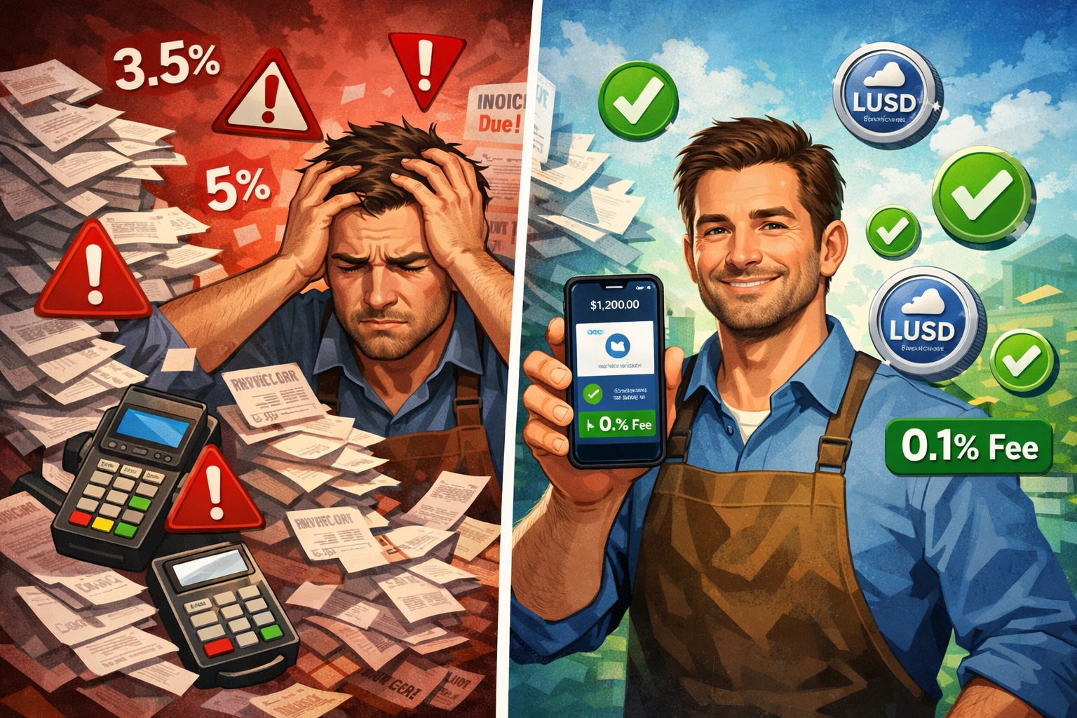 Business owner comparing high traditional payment fees versus low-cost LUSD stablecoin settlement