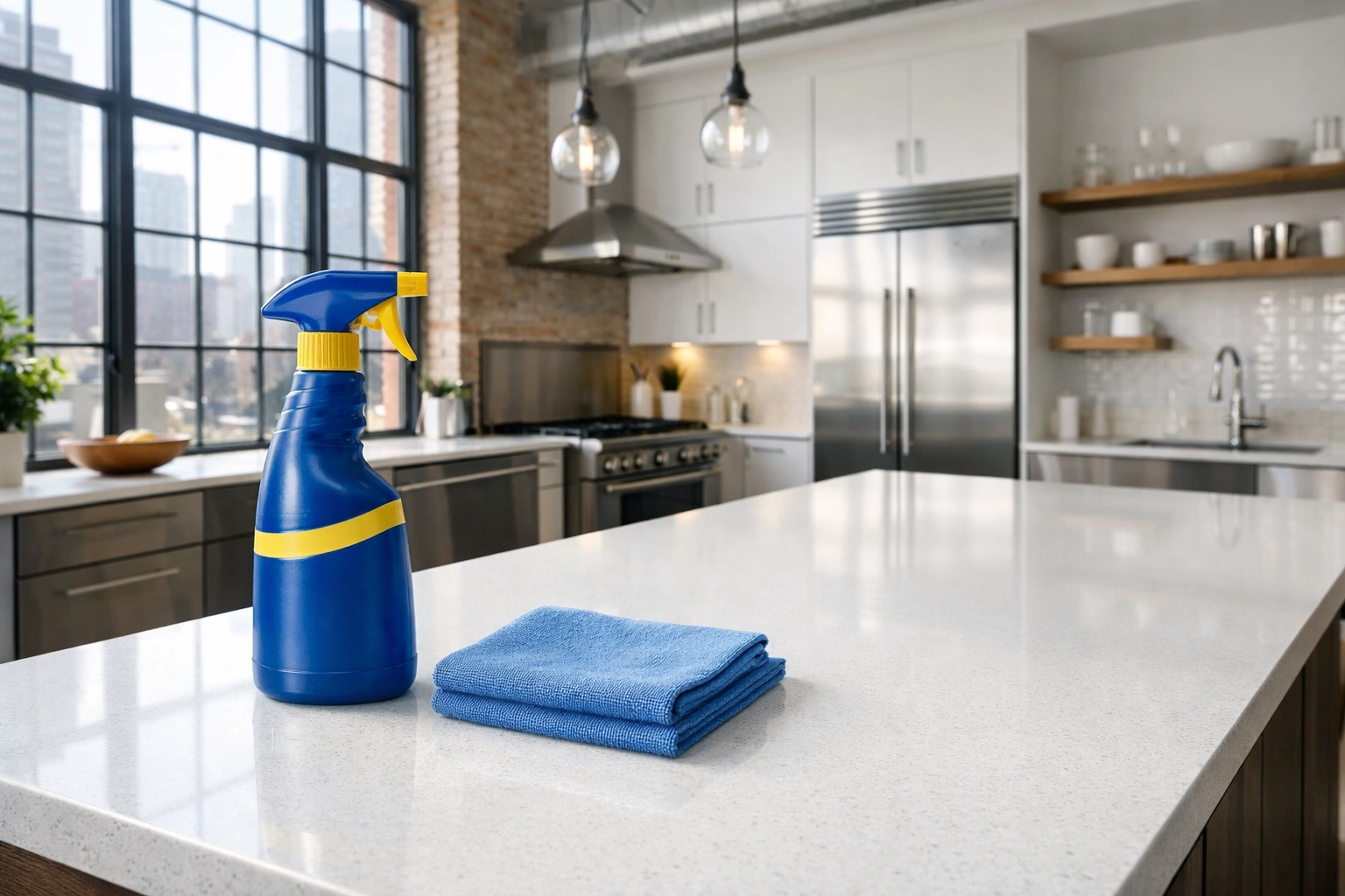 Professional spray bottle and blue microfiber cloth on a clean kitchen island for move-out cleaning Worcester.