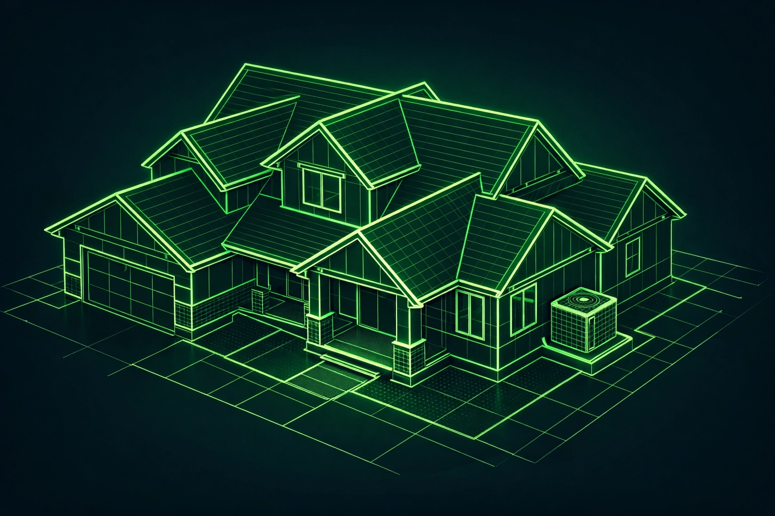 Conceptual suburban house outline for Missouri residential roofing and AC repair advertisements.
