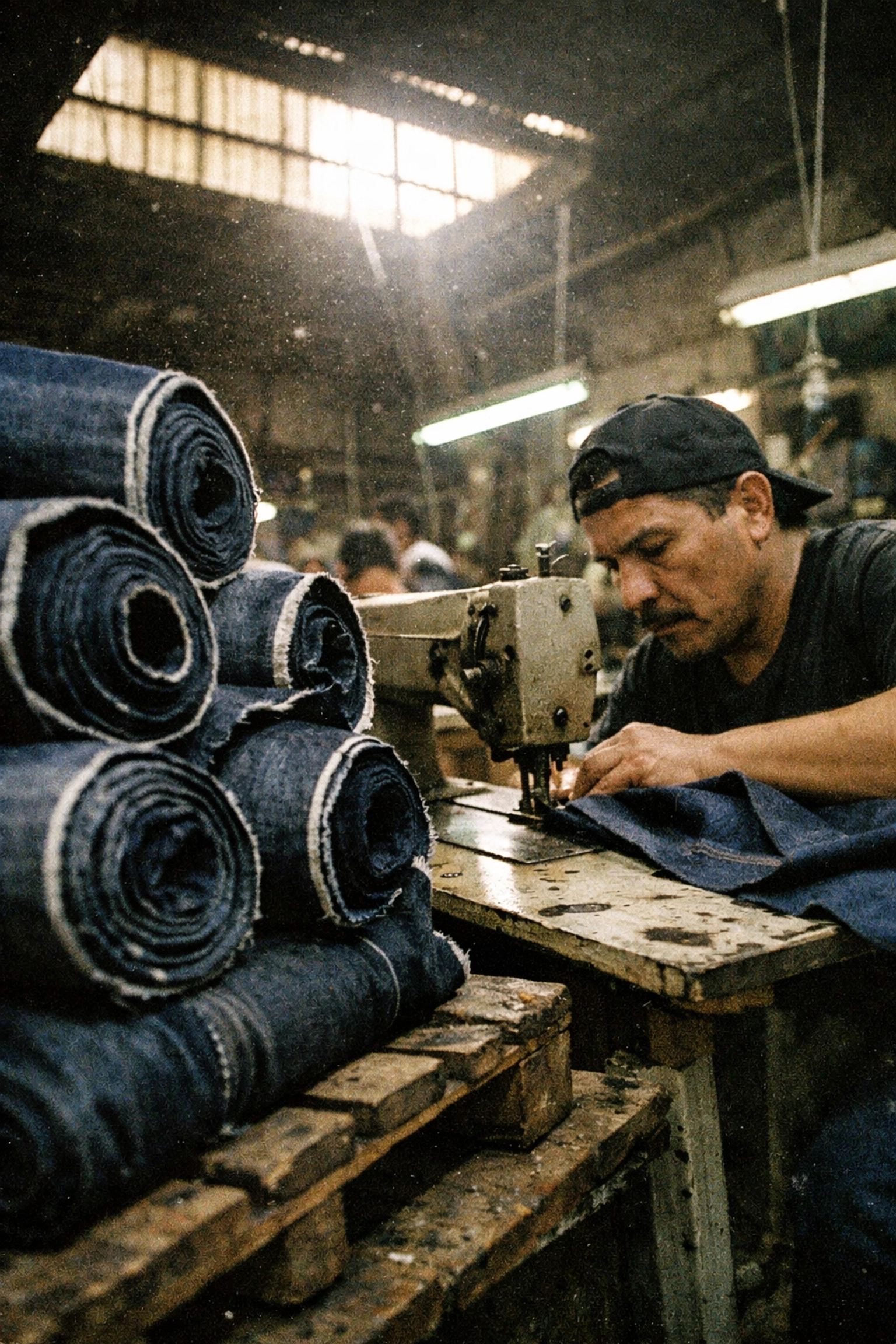 Artisan working in a gritty Medellín textile workshop with indigo-dyed denim fabric.