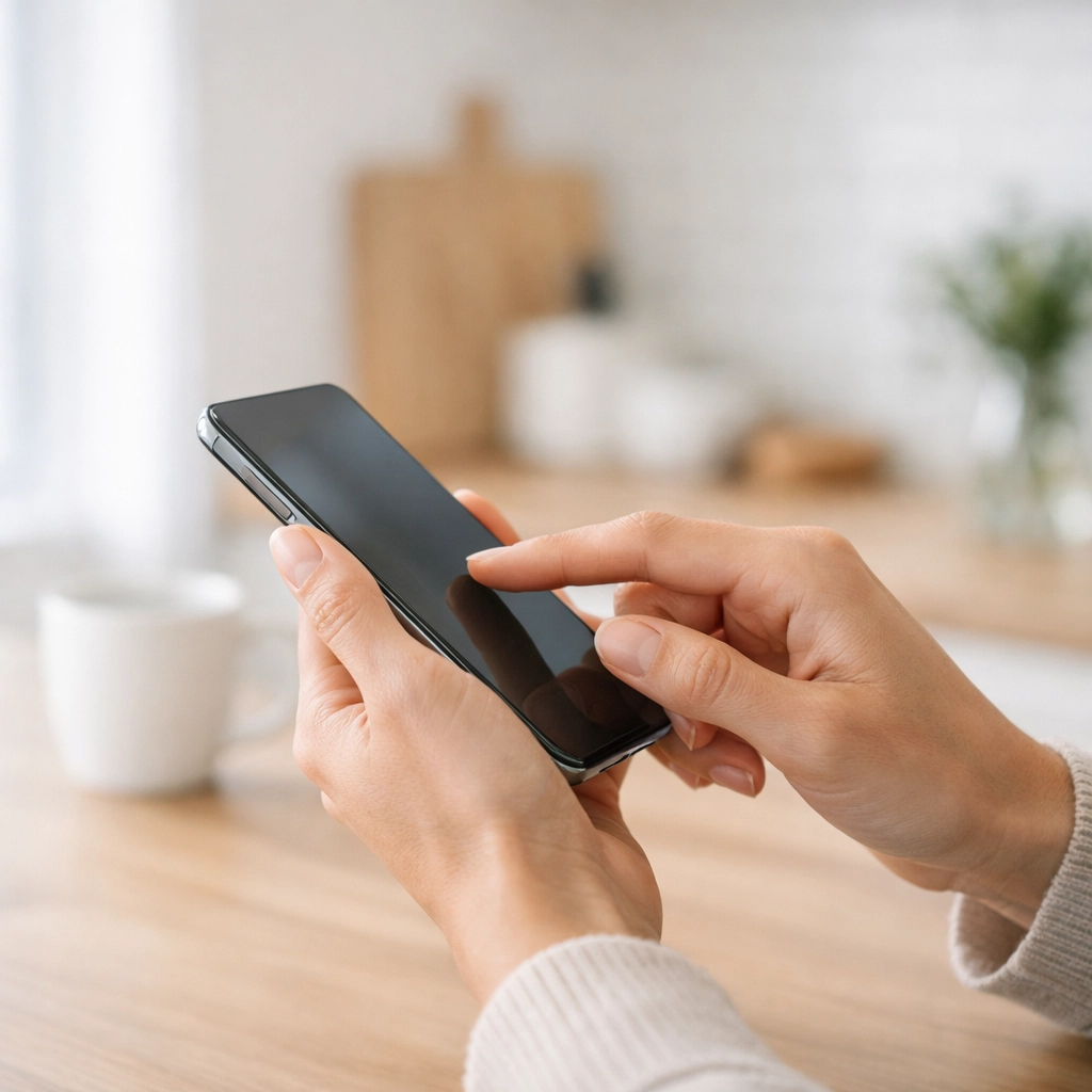 Person applying for an Interac e-Transfer loan on a mobile phone in a bright kitchen.
