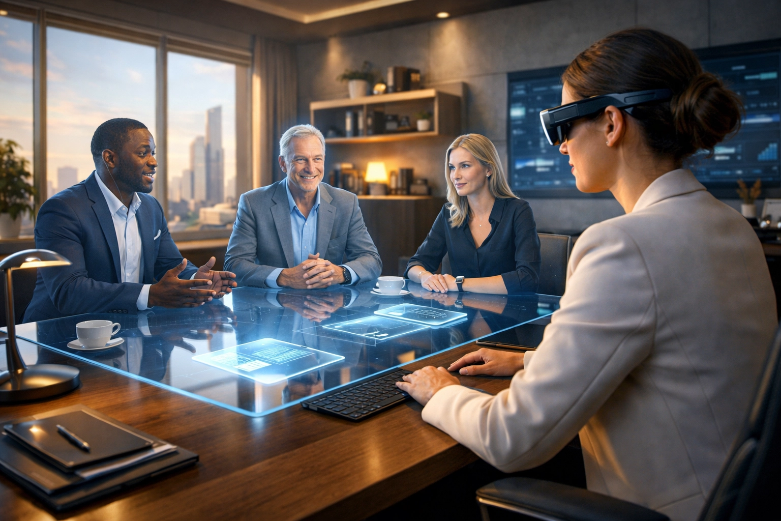 A remote worker using AR glasses to collaborate with holographic colleagues in a futuristic virtual boardroom.