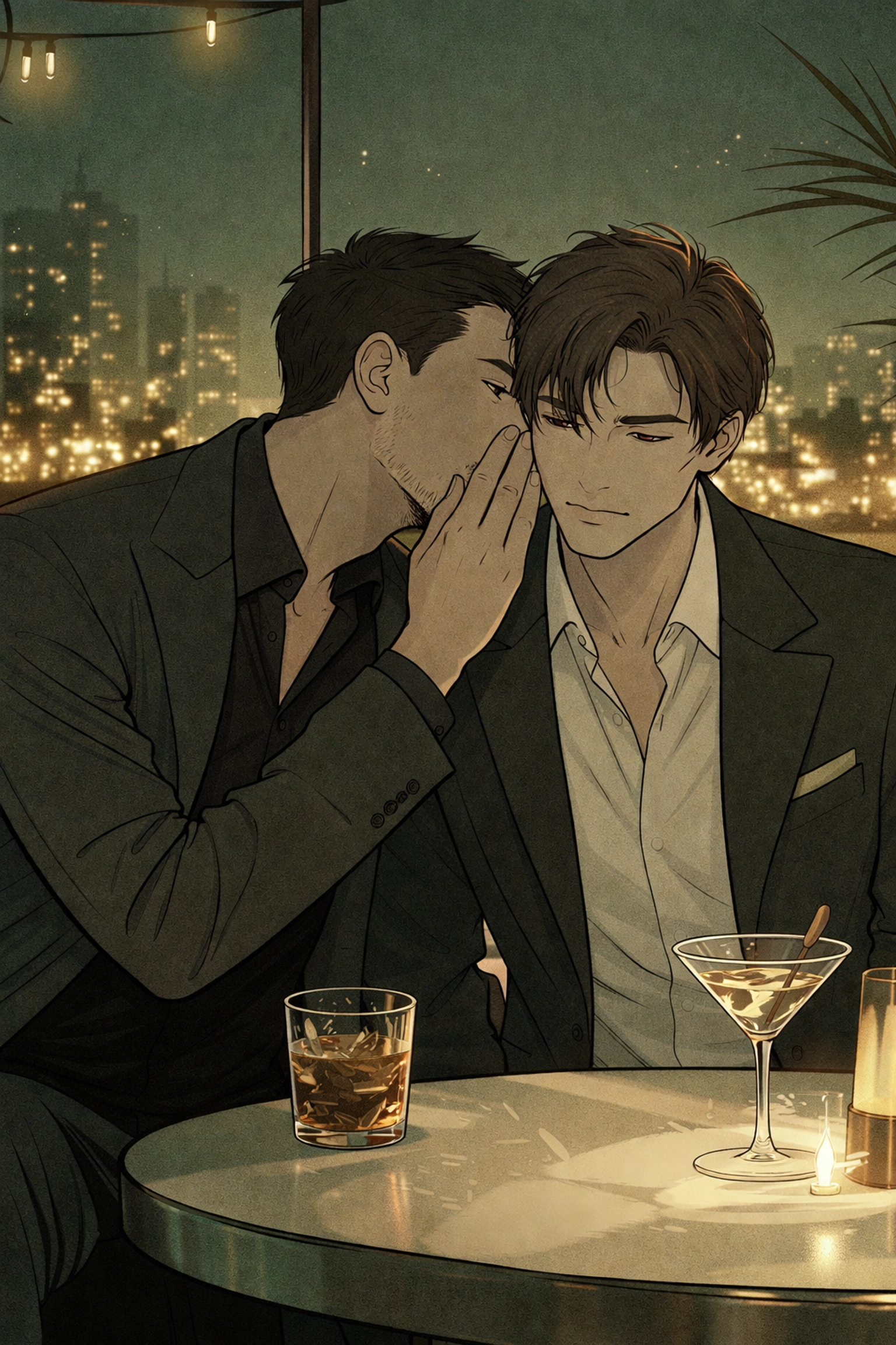 Two men share a conspiratorial moment at a rooftop bar, representing the seductive trap in the MM thriller Gilded Lies.