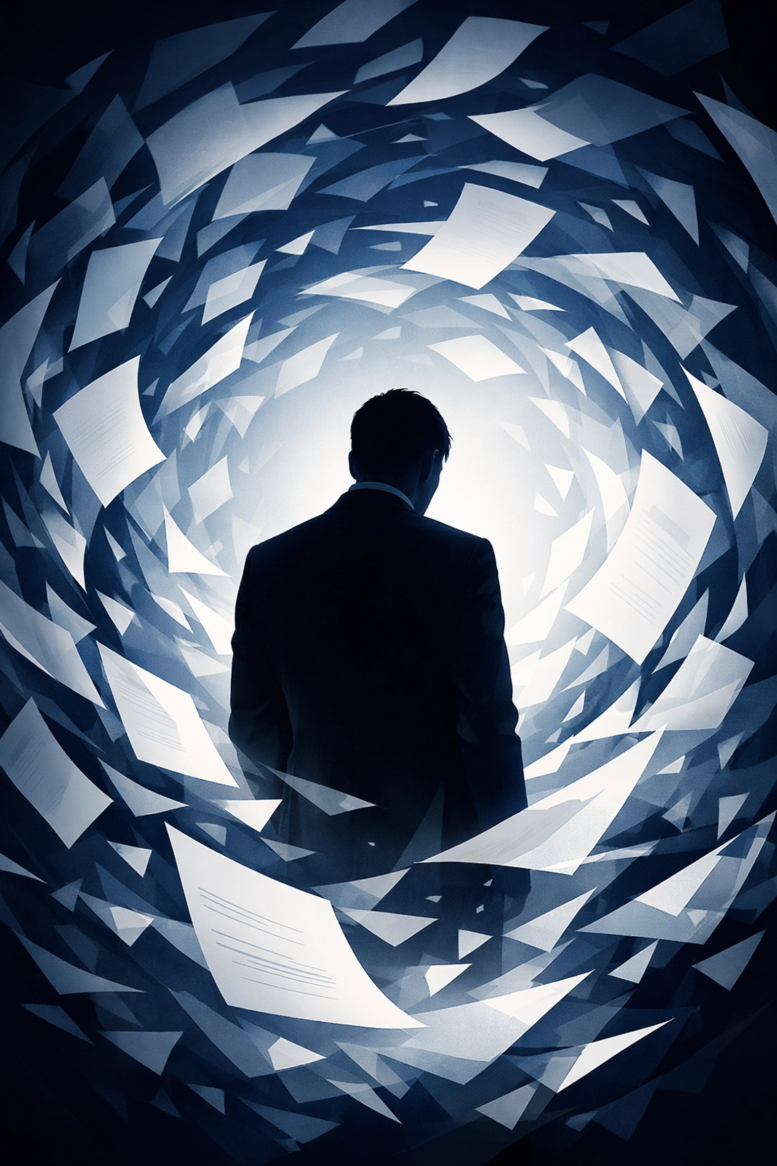 Professional silhouette overwhelmed by a digital vortex of administrative paperwork in a mental health clinic.