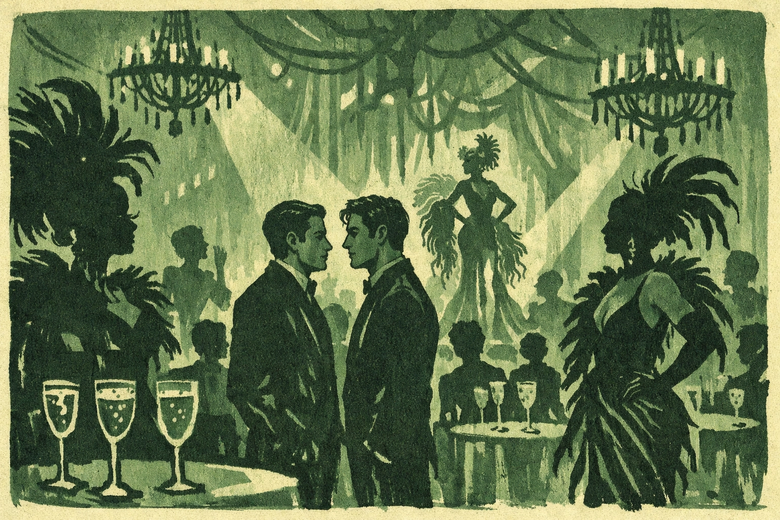 Luxurious drag gala ballroom setting for LGBTQ+ murder mystery thriller