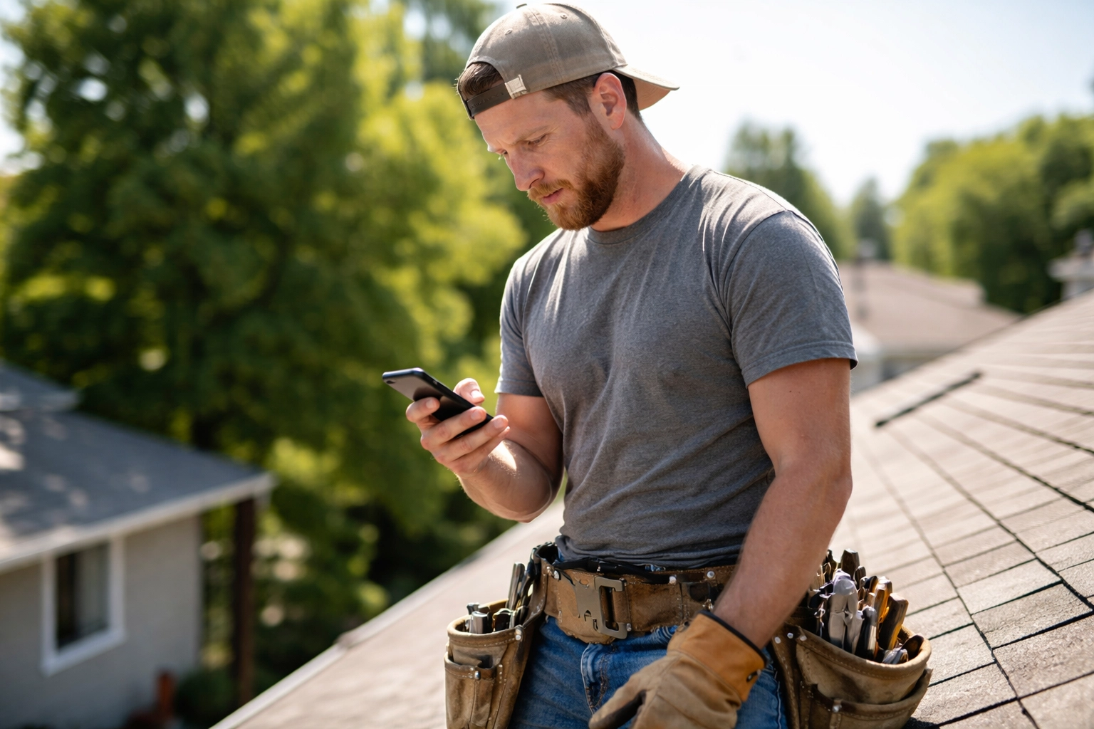 Contractor on roof uses an automated text-back system to keep customers engaged after missed calls, boosting lead capture.