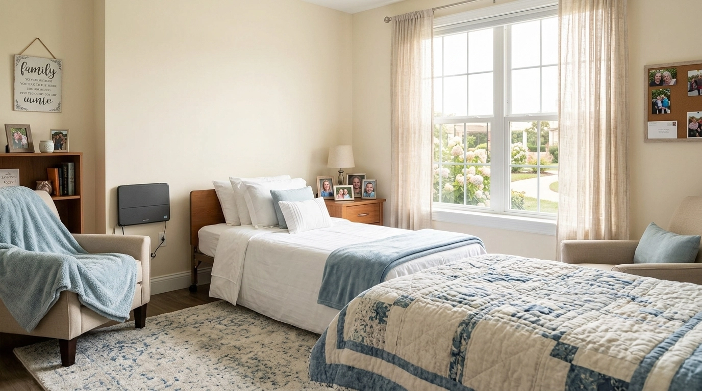 A clean and comfortable private resident bedroom, featuring personal items for a familiar feel.