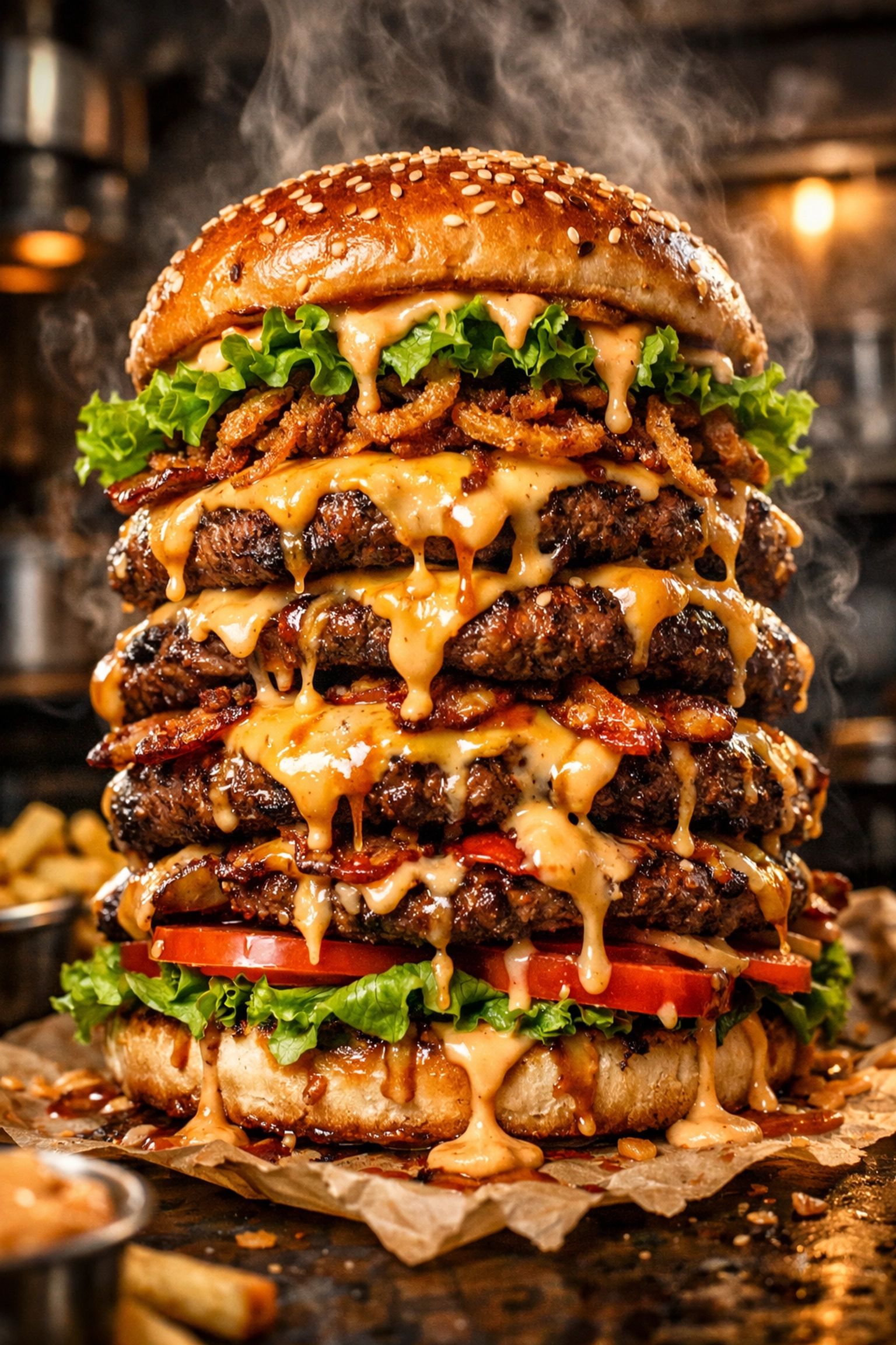 A juicy, messy cheeseburger with melting cheese and crispy onions, showing authentic street food soul.