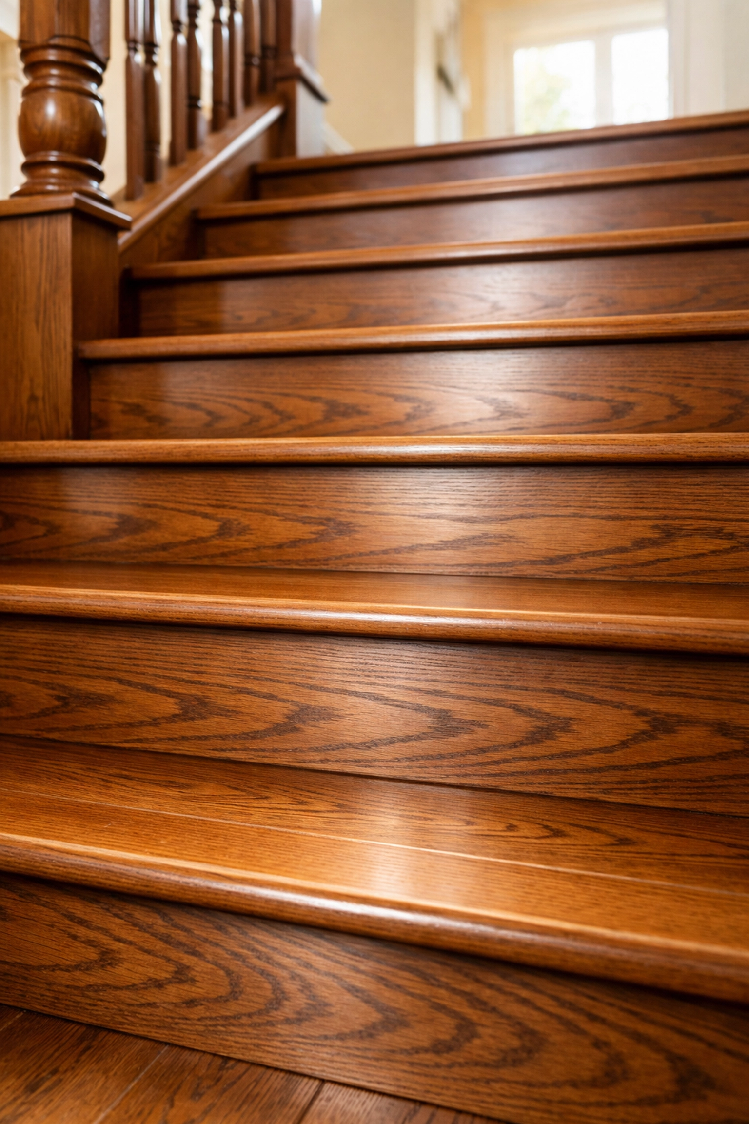 Close-up of a wooden staircase with uniform step heights and depths to maintain a safe walking rhythm.