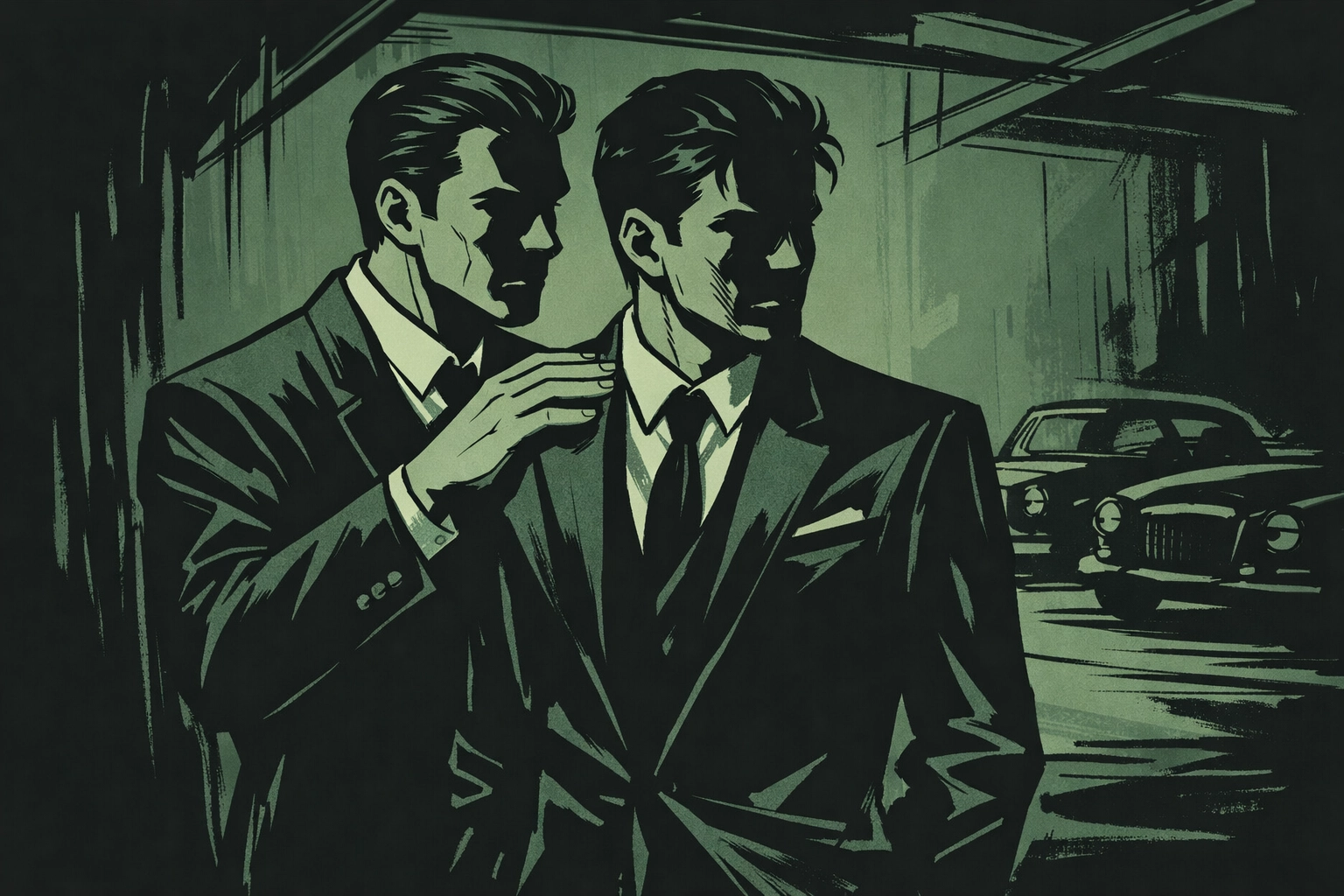 Two men in suits standing together in shadowy warehouse - MM mafia romance illustration