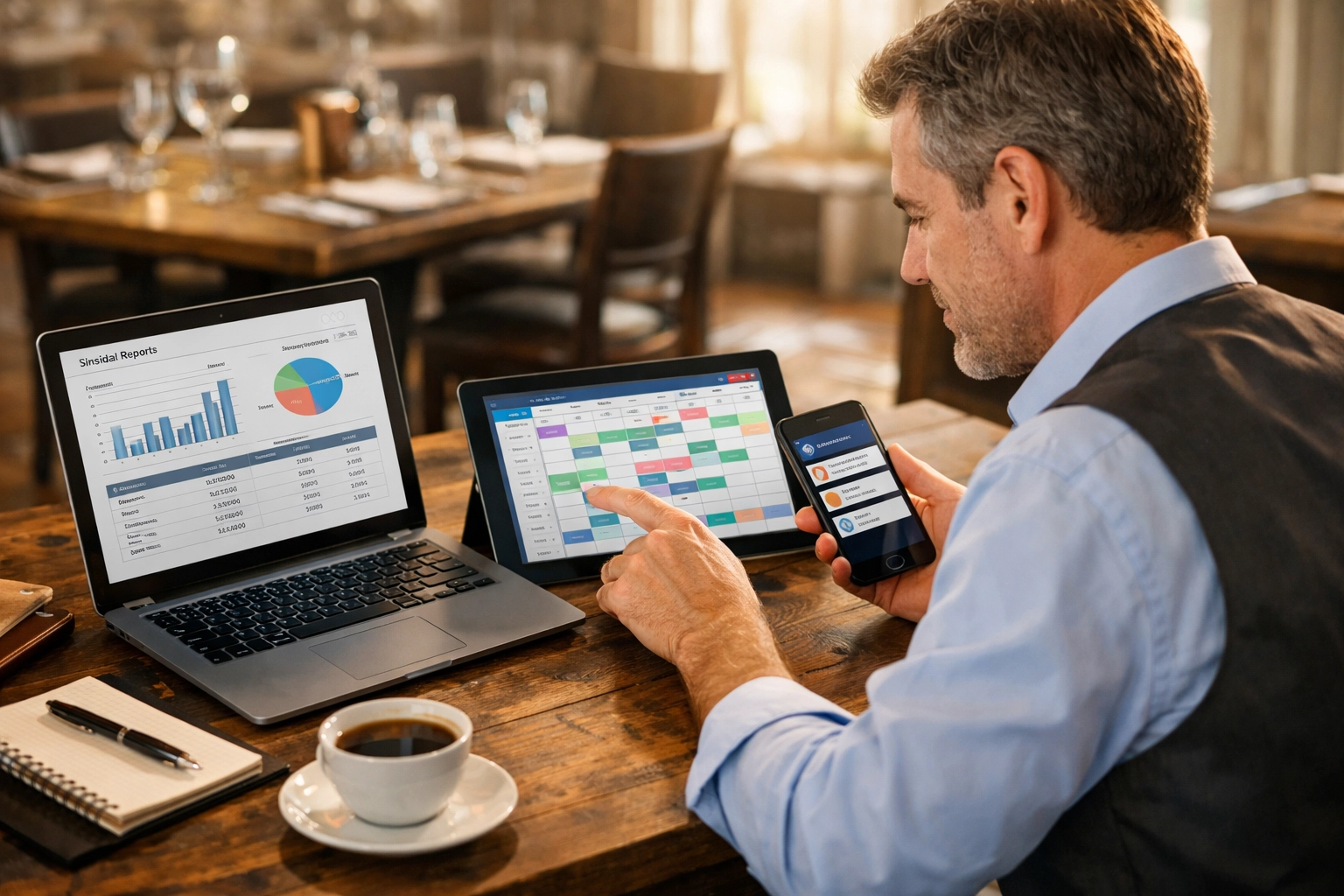 Restaurant manager reviewing financial data on multiple devices for business optimization