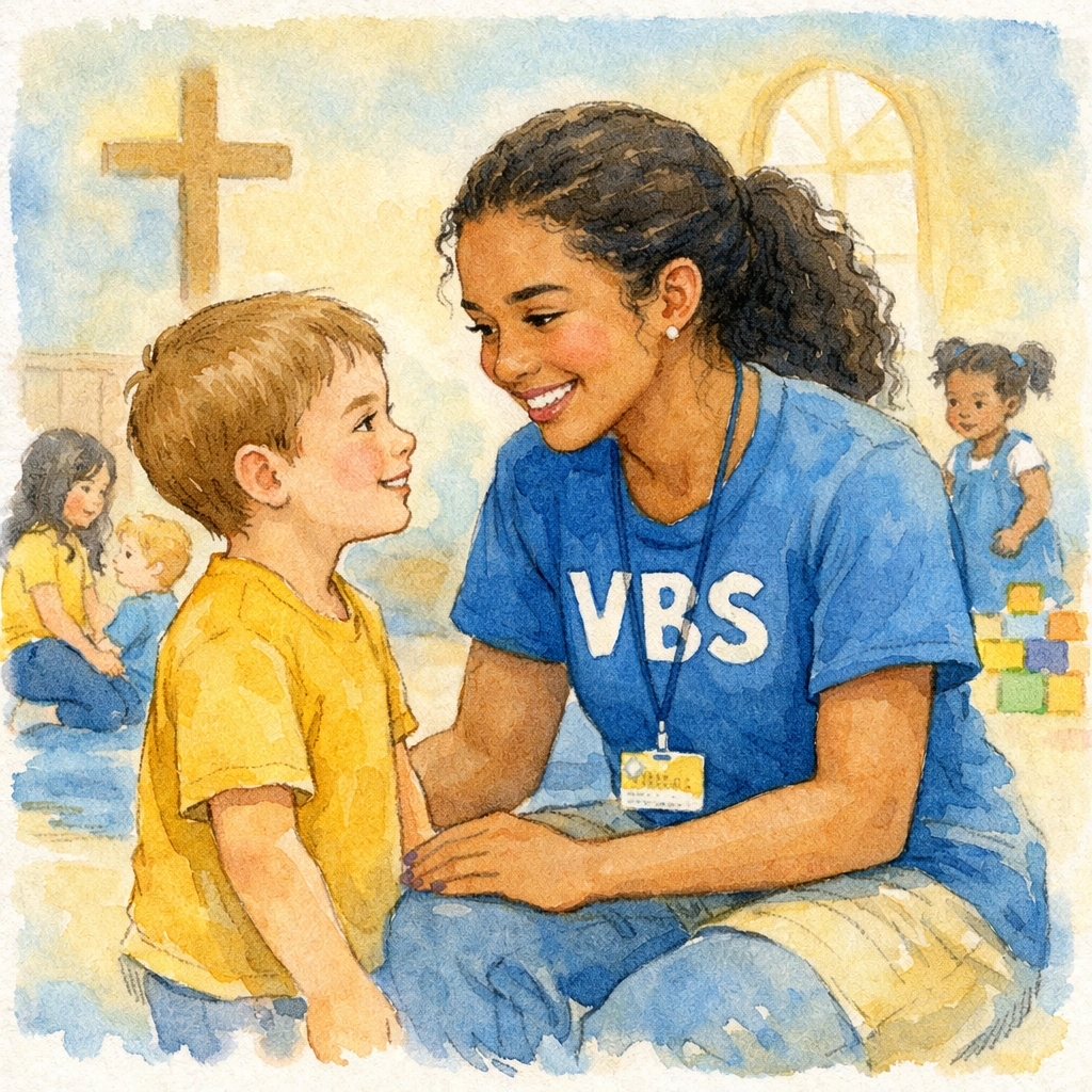 Caring VBS volunteer connecting with child in safe Memphis church environment