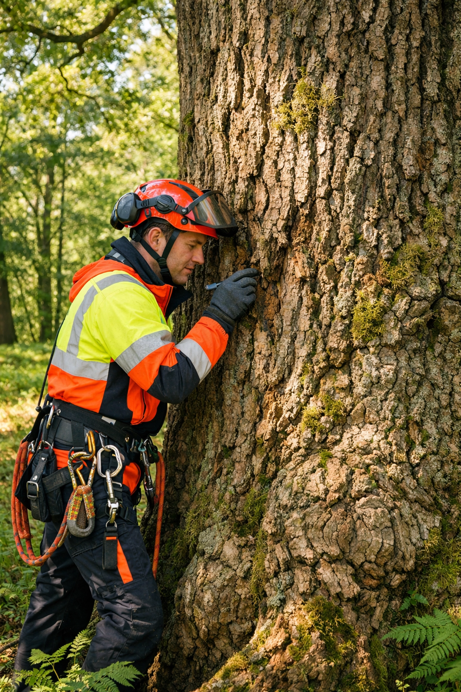 Tree surgeon inspecting oak tree trunk for signs of disease and pest damage