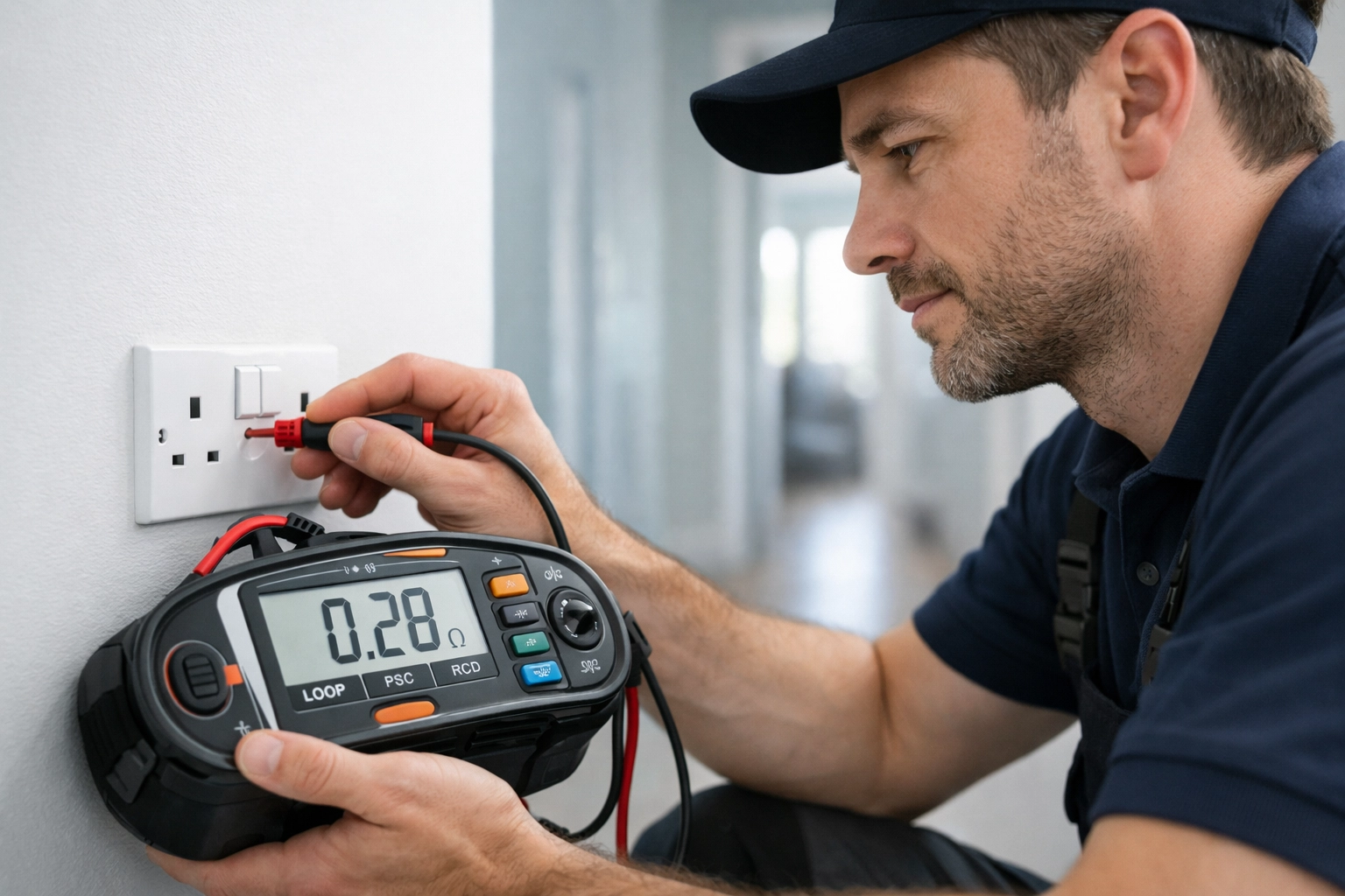 Dorset electrician performing a socket safety test as part of a landlord EICR inspection in a modern home.