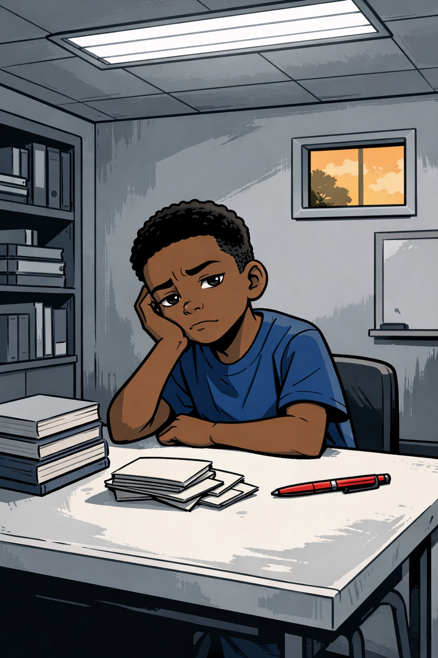 Young Black boy looking disengaged at tutoring desk with workbooks