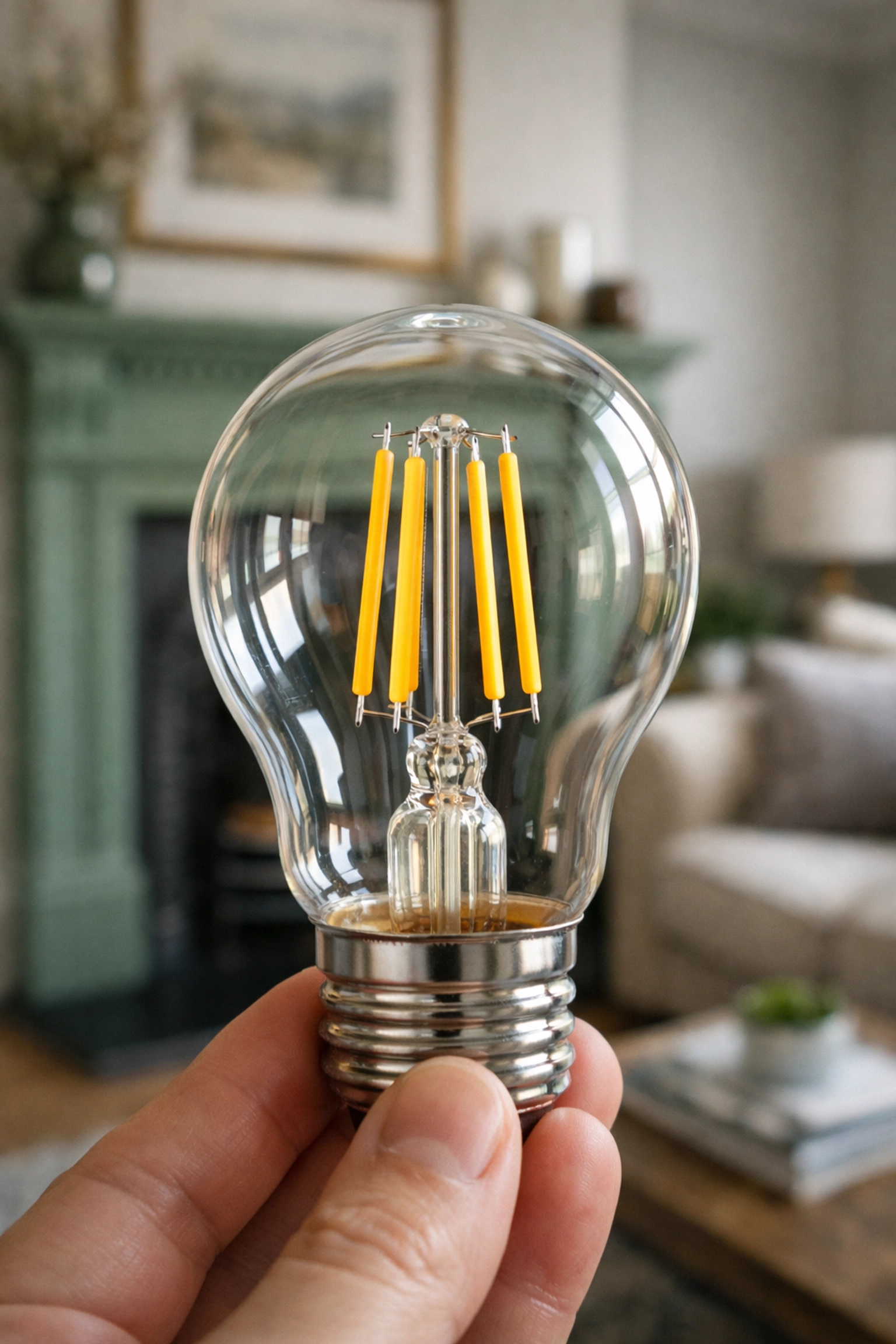 Modern energy-efficient LED filament bulb installed in a Dorset home for instant electricity savings.