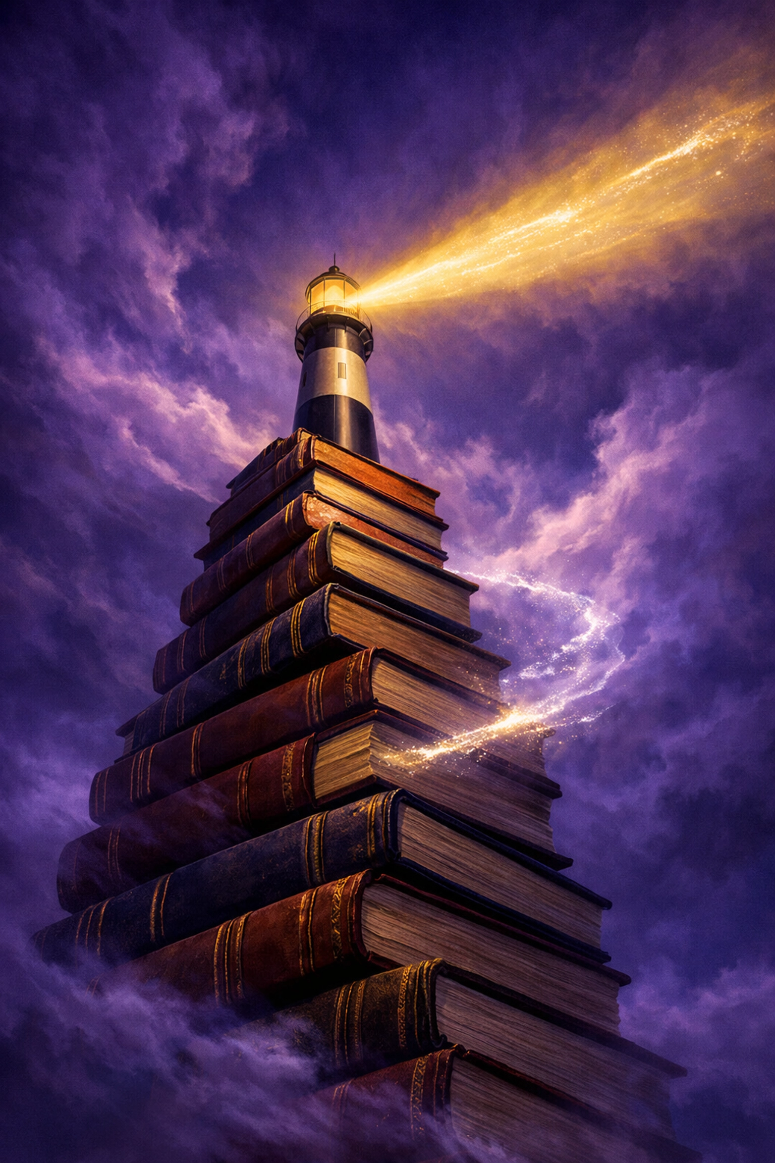 A lighthouse on a stack of books guiding students on how to build a profile for Ivy League.