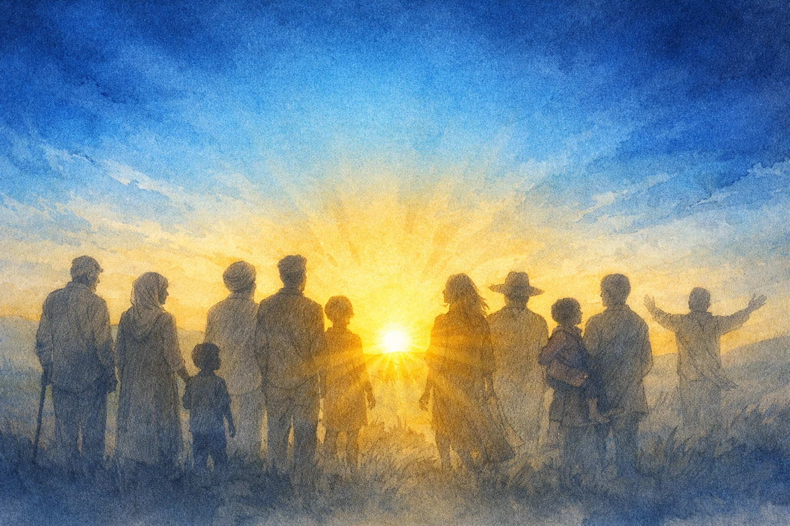 A diverse group of people watching a sunrise, representing a shared journey of faith and hope.