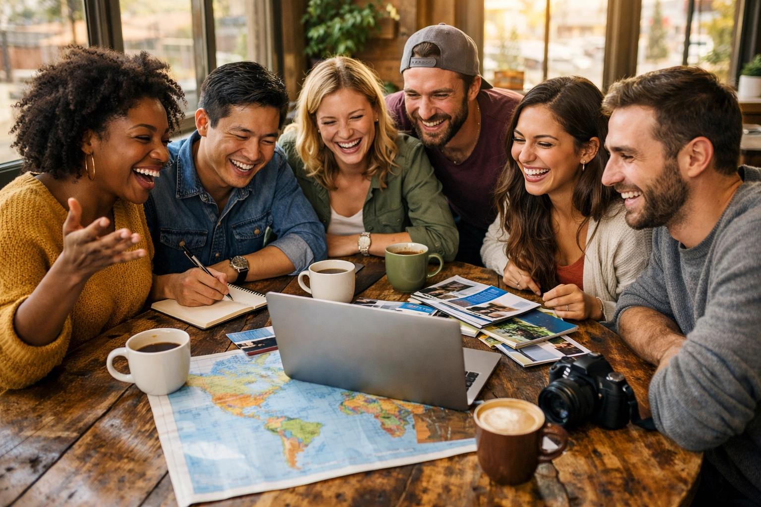 Diverse group of friends collaborating on group trip planning at café with laptop and travel maps