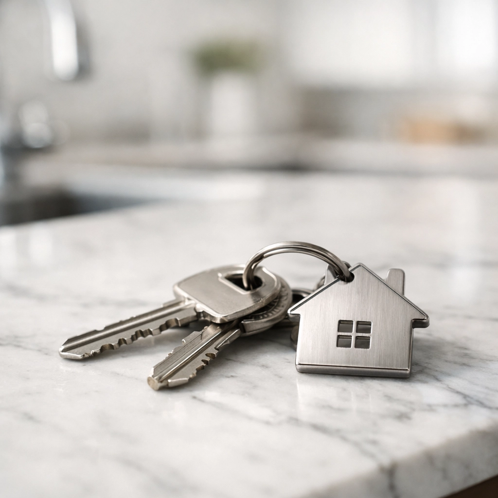 New house keys on a marble countertop celebrating a successful simultaneous home closing.