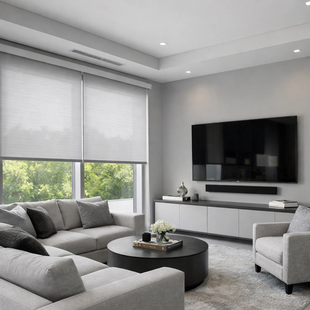 Motorized window shades Highland Park media room for automated TV viewing