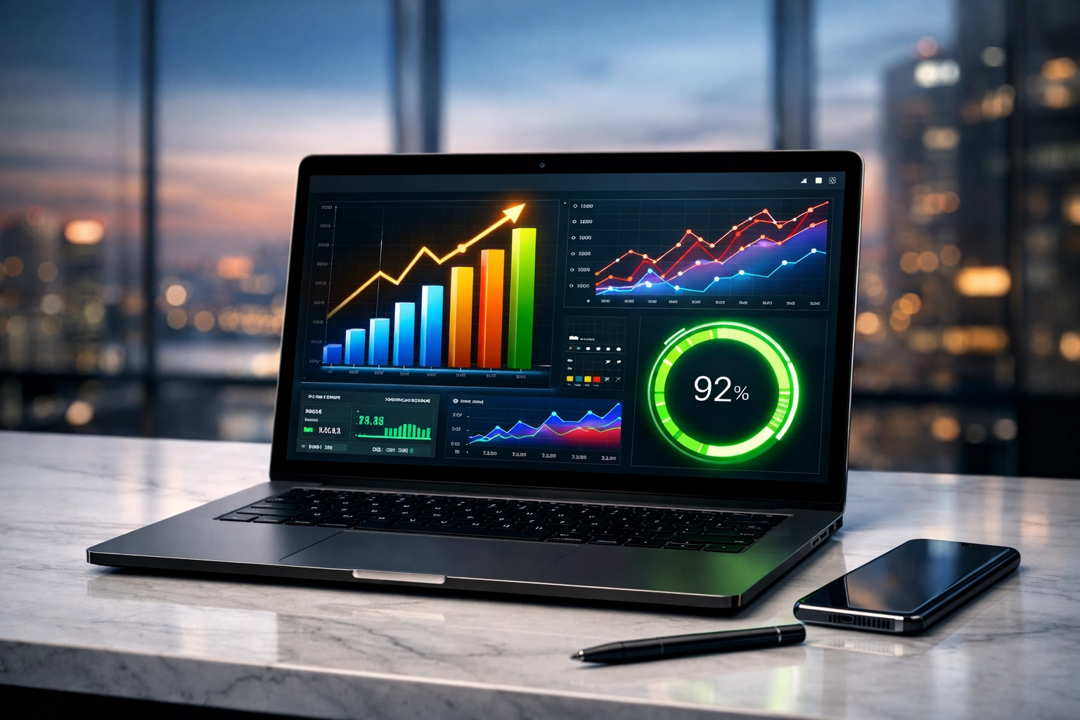 A laptop screen displaying an AI SEO tool dashboard with increasing content scores and marketing analytics.
