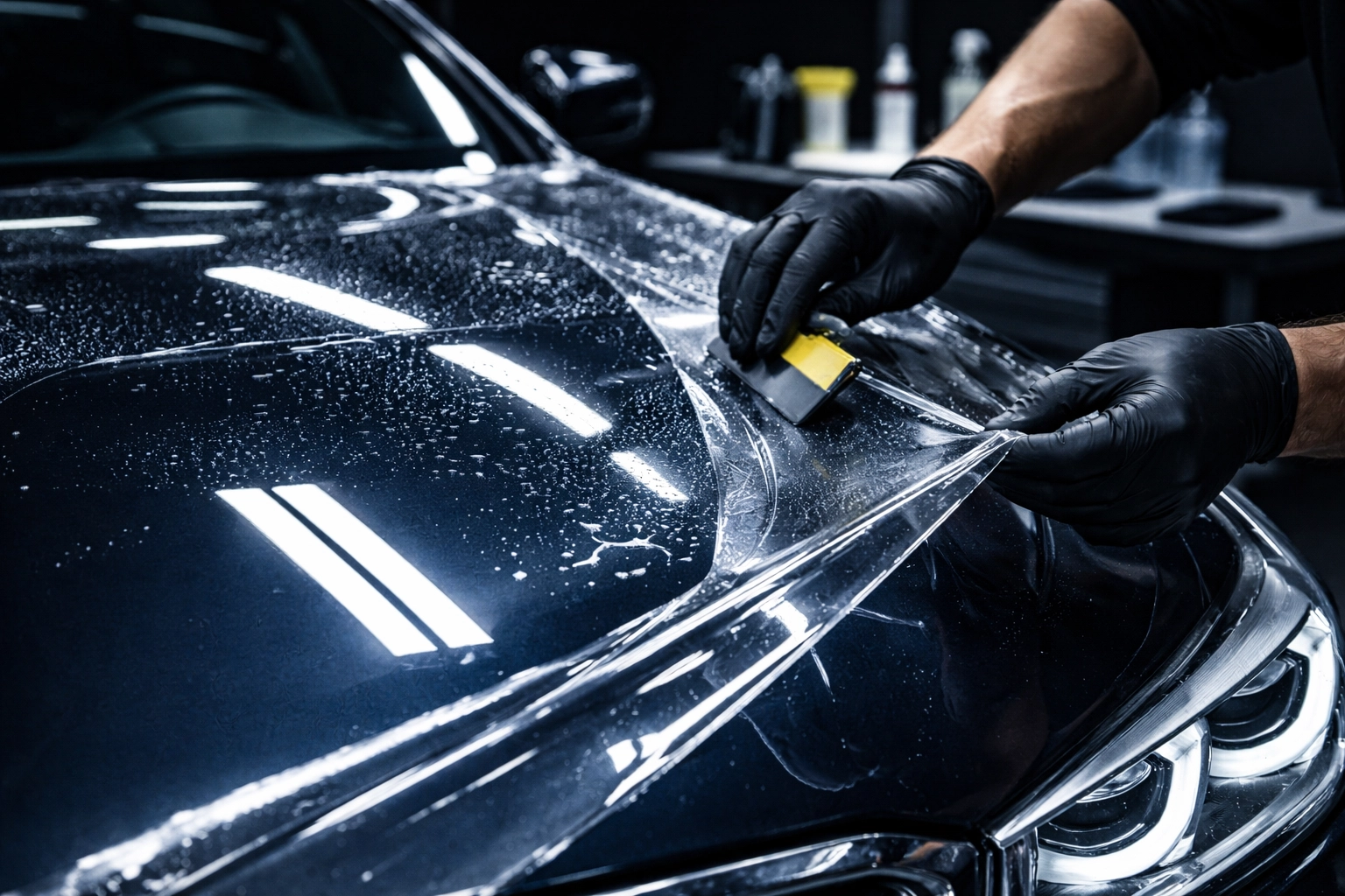 Auto detailing expert applying paint protection film to a luxury car hood, showcasing professional PPF installation in Louisville, KY.