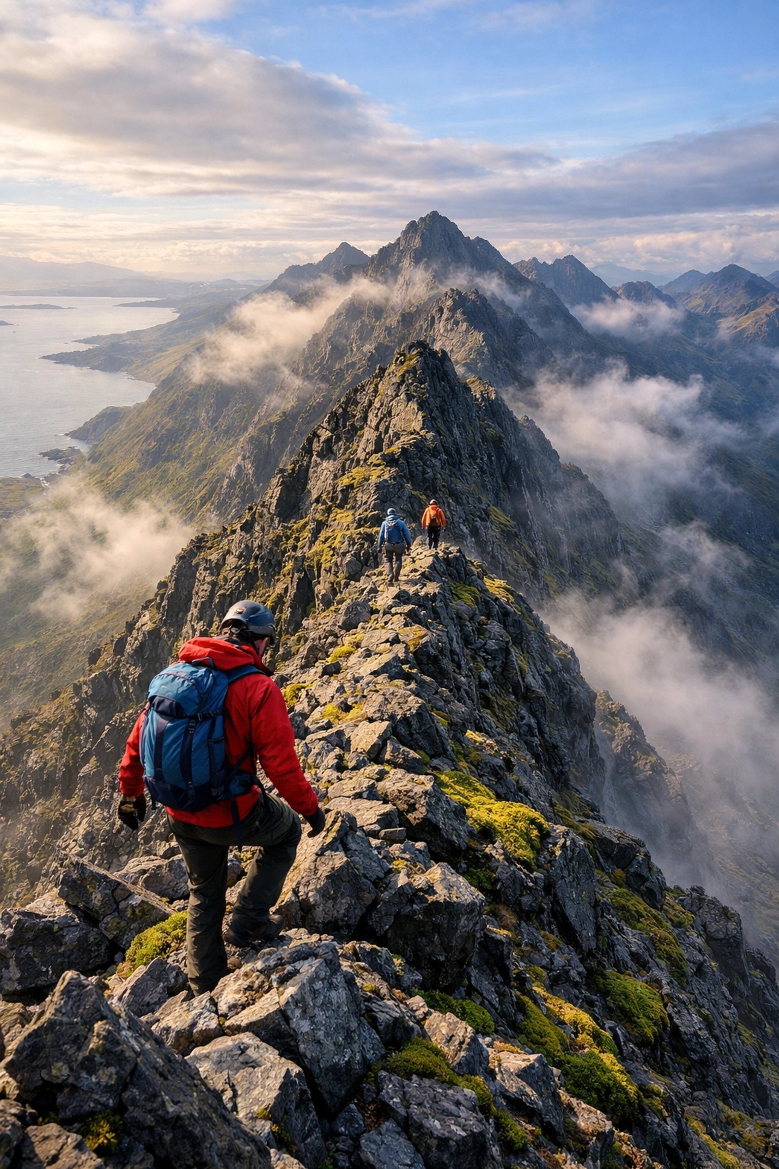 Hikers ascending Cuillin Ridge on Isle of Skye guided hiking tour
