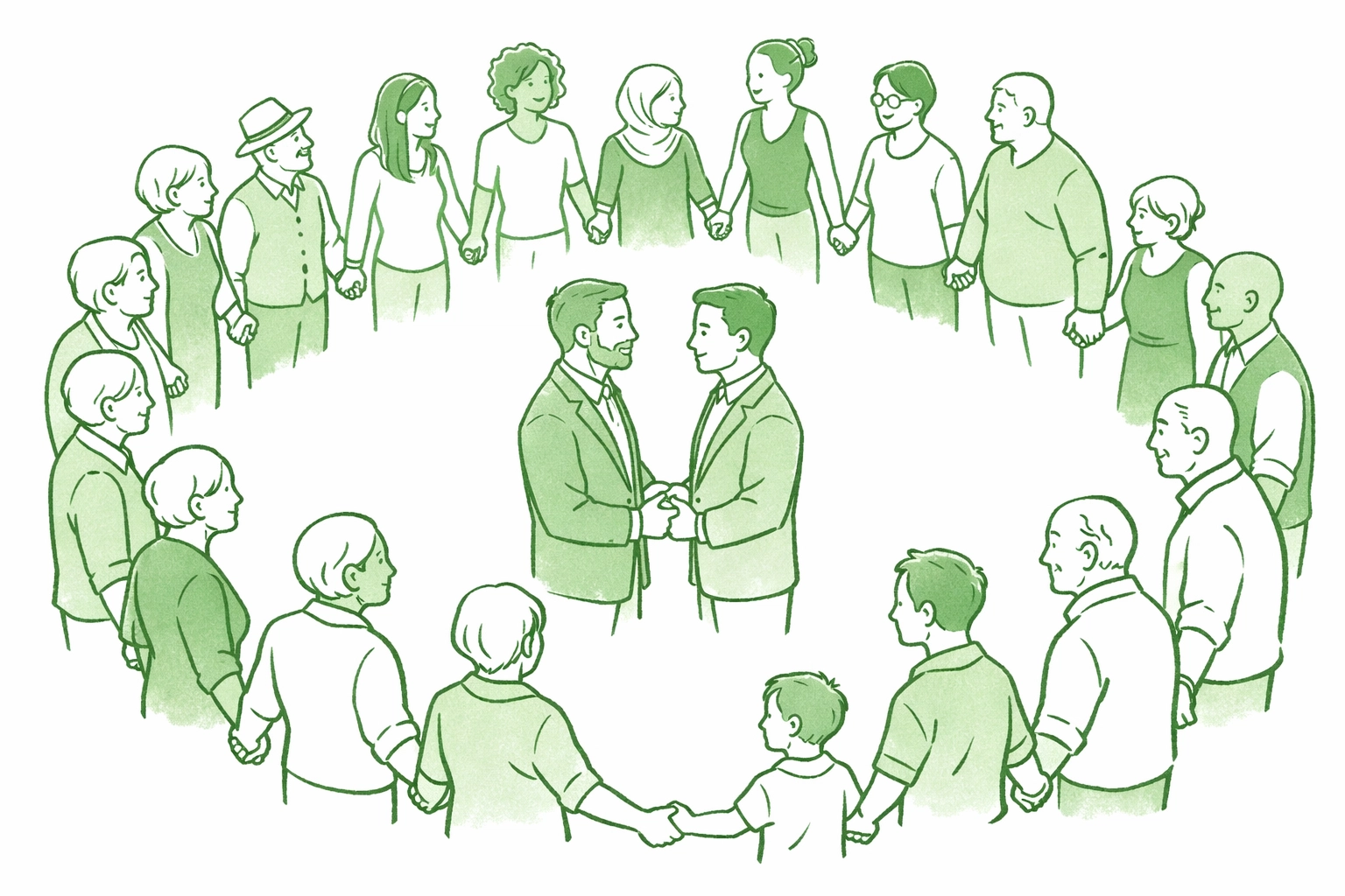 Gay wedding ceremony with found family and friends forming supportive honor circle