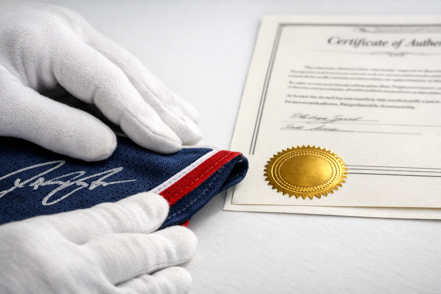 Professional inspection of an authentic signed sports jersey and a certificate of authenticity.