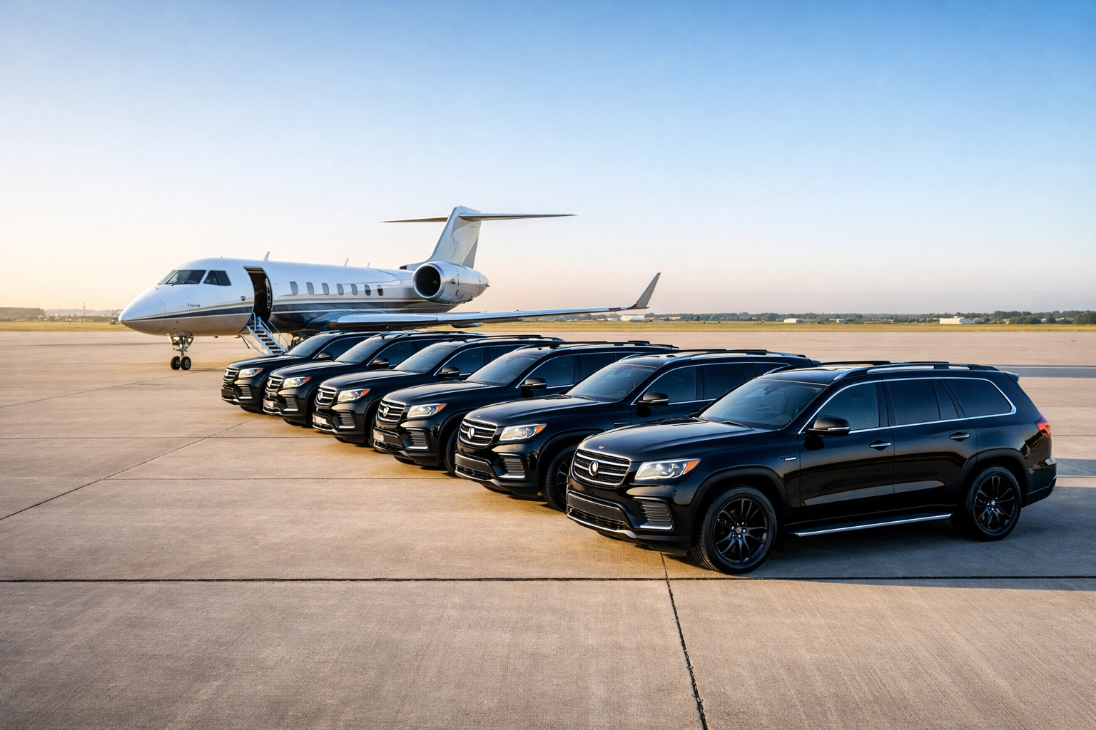 Luxury black SUVs and a private jet on a sunny tarmac showcasing elite corporate travel logistics for major events.