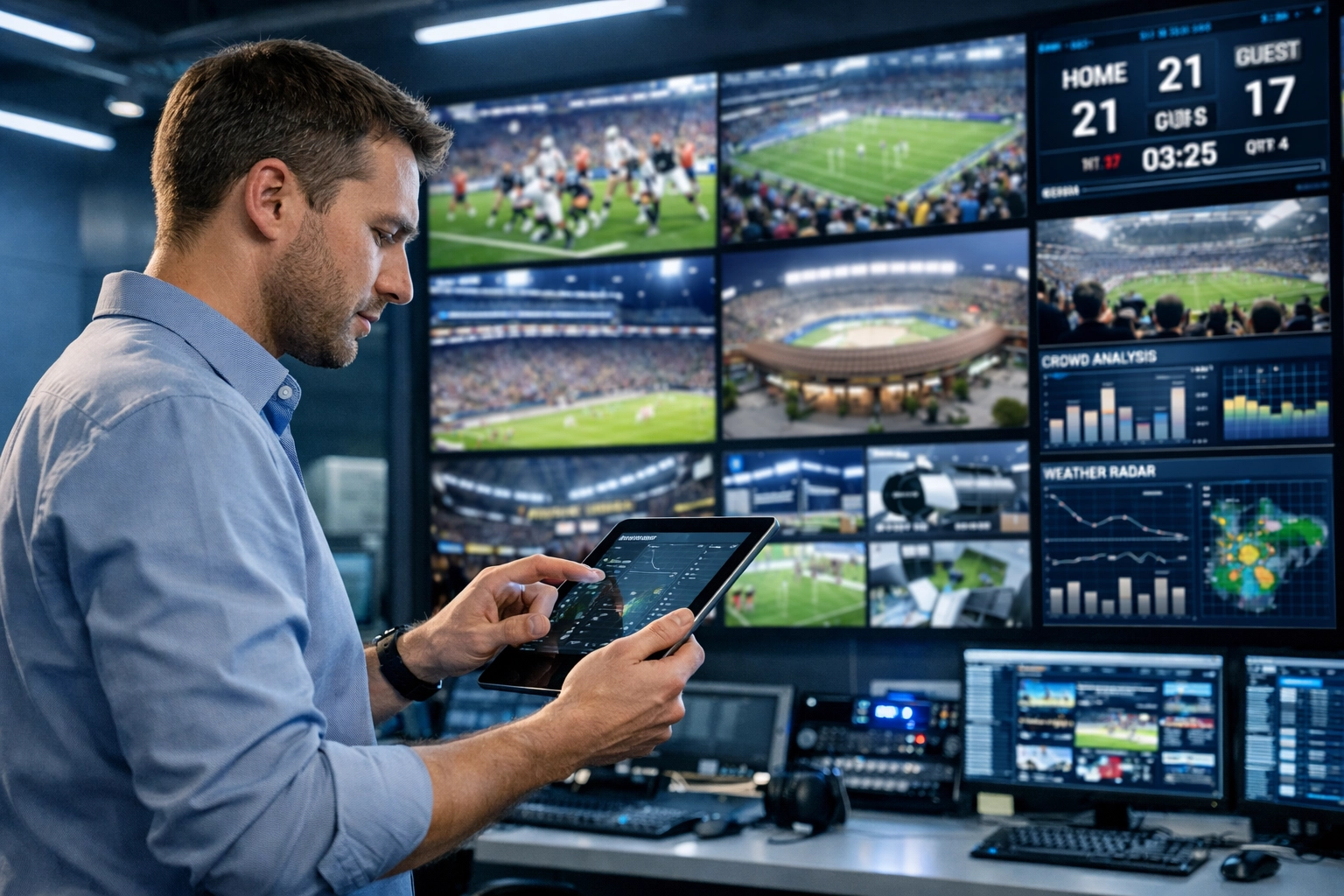 A media technician managing immersive venue displays from a high-tech stadium operations center.