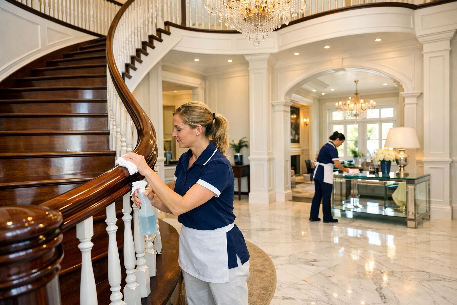 Professional residential cleaning Massachusetts team sanitizing a luxury Dover estate foyer.