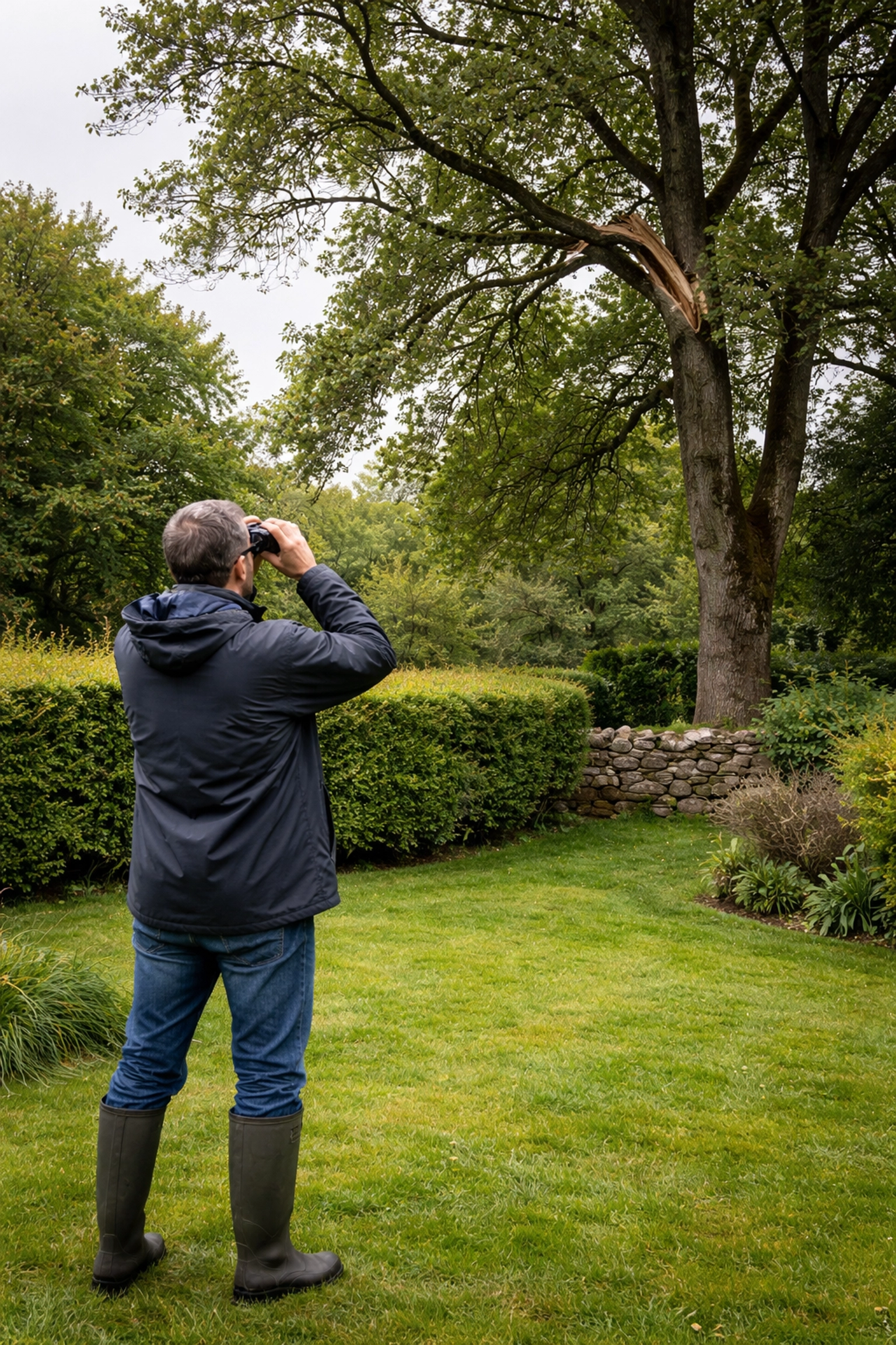 Homeowner safely assessing storm-damaged tree with binoculars in a County Durham garden